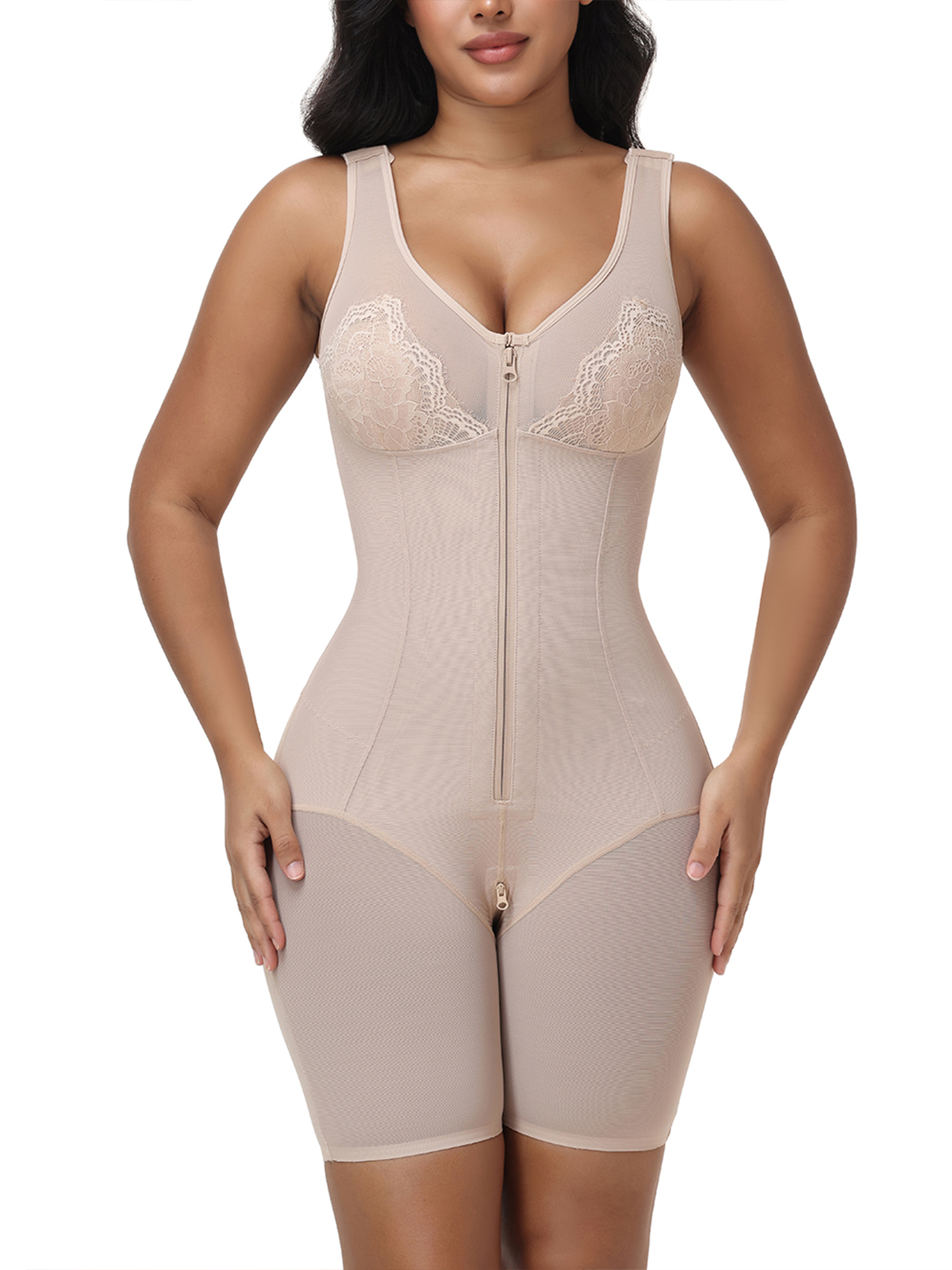 V Neck Lace Mesh Panel Mid Thigh Tummy Control Bodysuit Zipper Shapewear