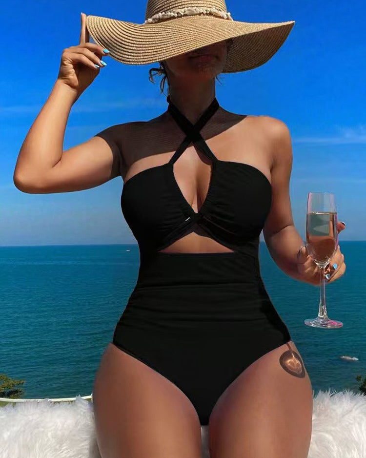 Cross Halter Ruched Front Cutout Backless One Piece Swimsuit - By Qivii