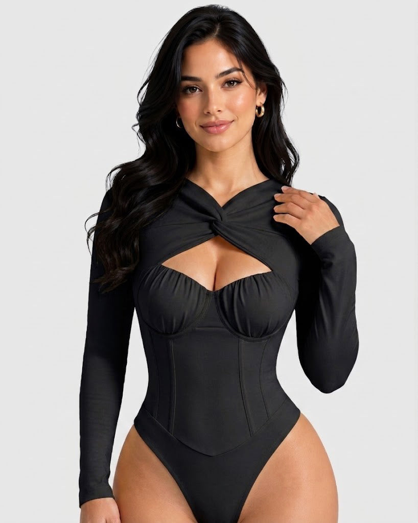 Sexy Twist Cutout Bustier Long Sleeve High Cut Bodysuit - By Qivii