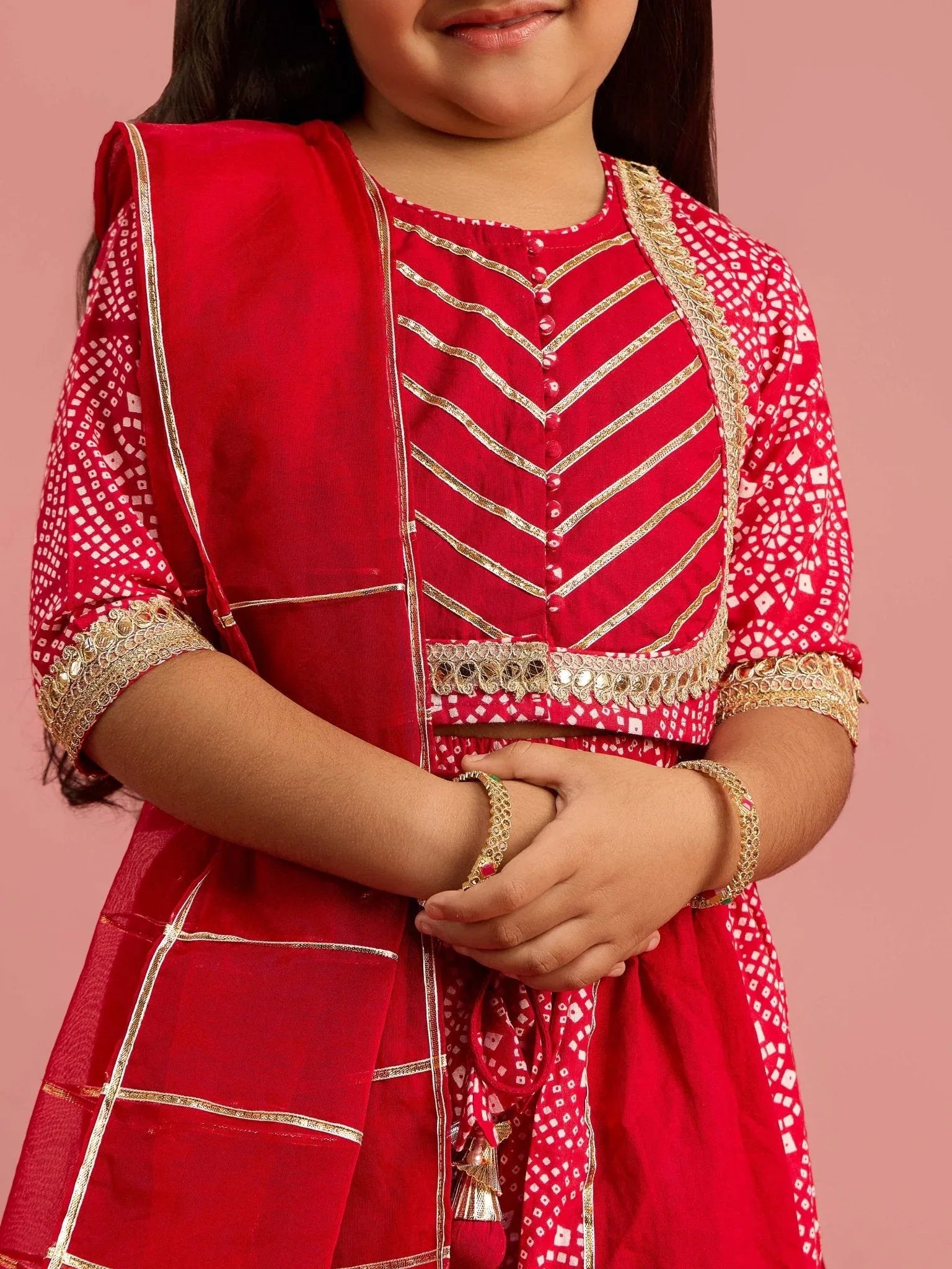 Girls Ethnic Cotton Cambric Red Bandhani Printed Lehenga Choli Set with Organza Dupatta