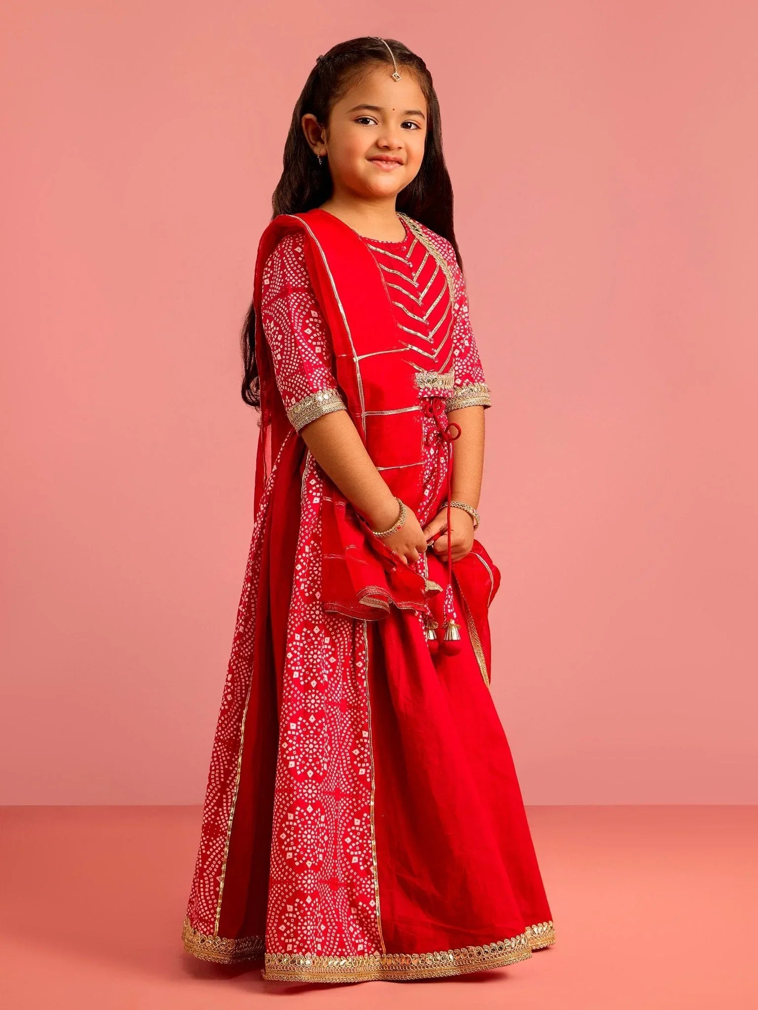 Girls Ethnic Cotton Cambric Red Bandhani Printed Lehenga Choli Set with Organza Dupatta