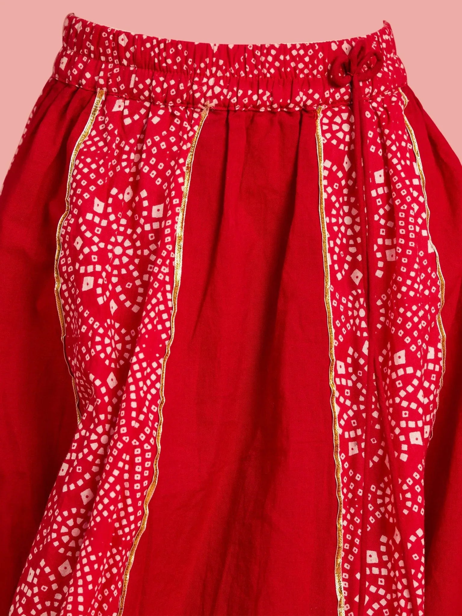 Girls Ethnic Cotton Cambric Red Bandhani Printed Lehenga Choli Set with Organza Dupatta