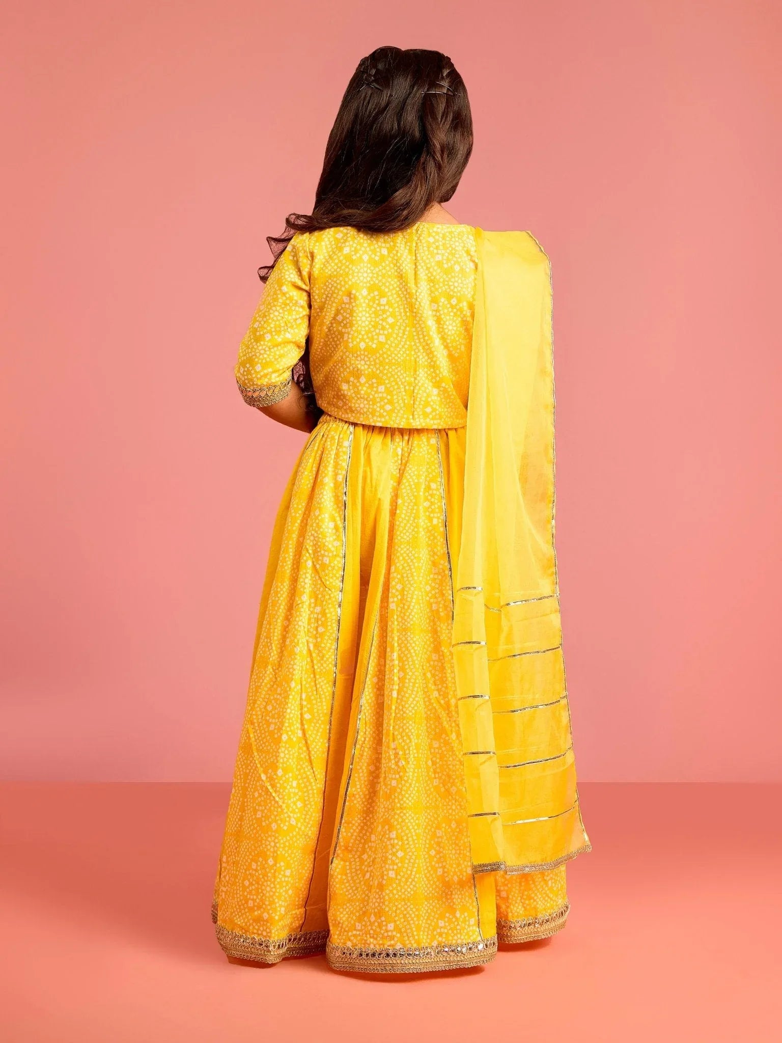 Girls Ethnic Cotton Cambric Yellow Bandhani Printed Lehenga Choli Set with Organza Dupatta