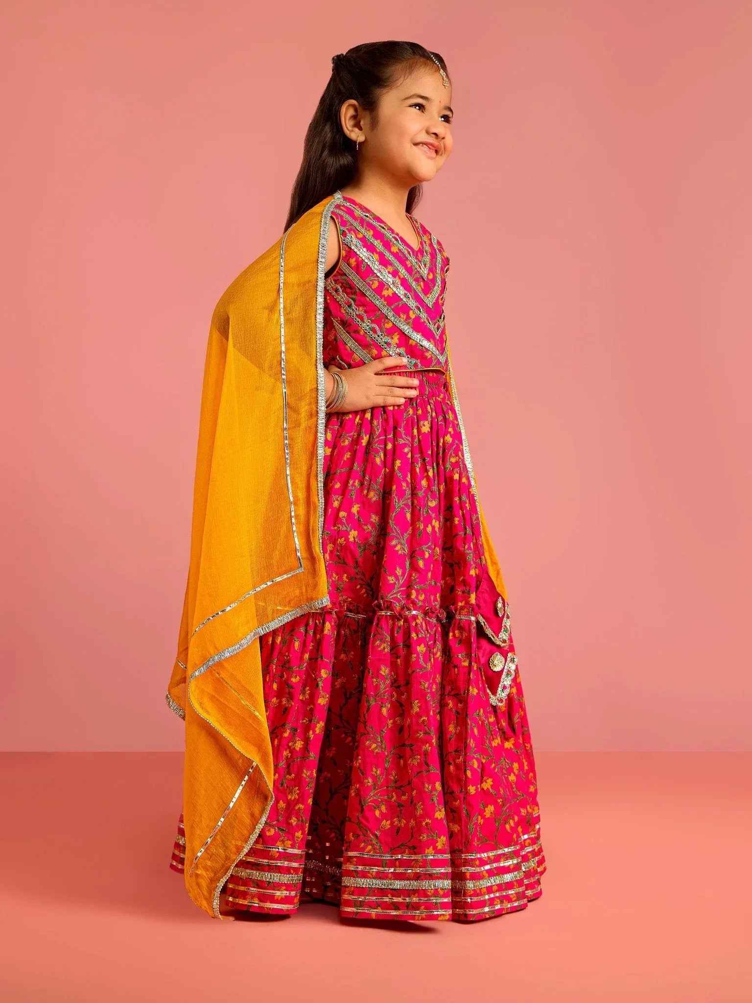 Girls Ethnic Wear Pink Floral Screen Print Cotton Cambric Lehenga Choli Set with Yellow Chiffon Dupatta