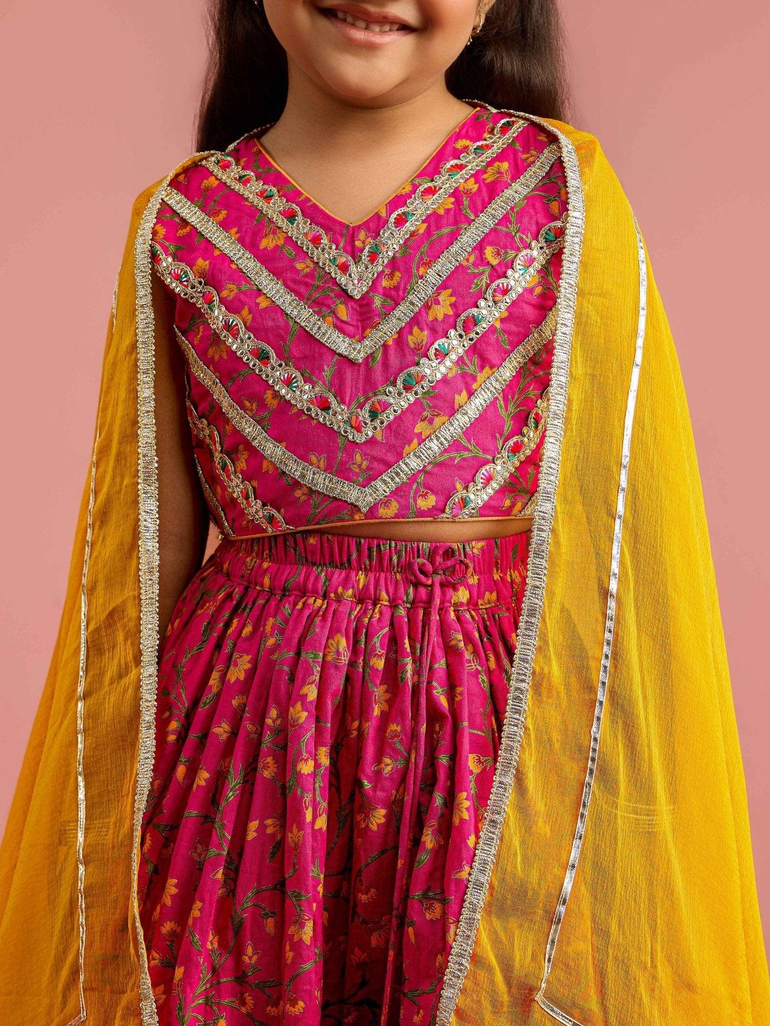 Girls Ethnic Wear Pink Floral Screen Print Cotton Cambric Lehenga Choli Set with Yellow Chiffon Dupatta
