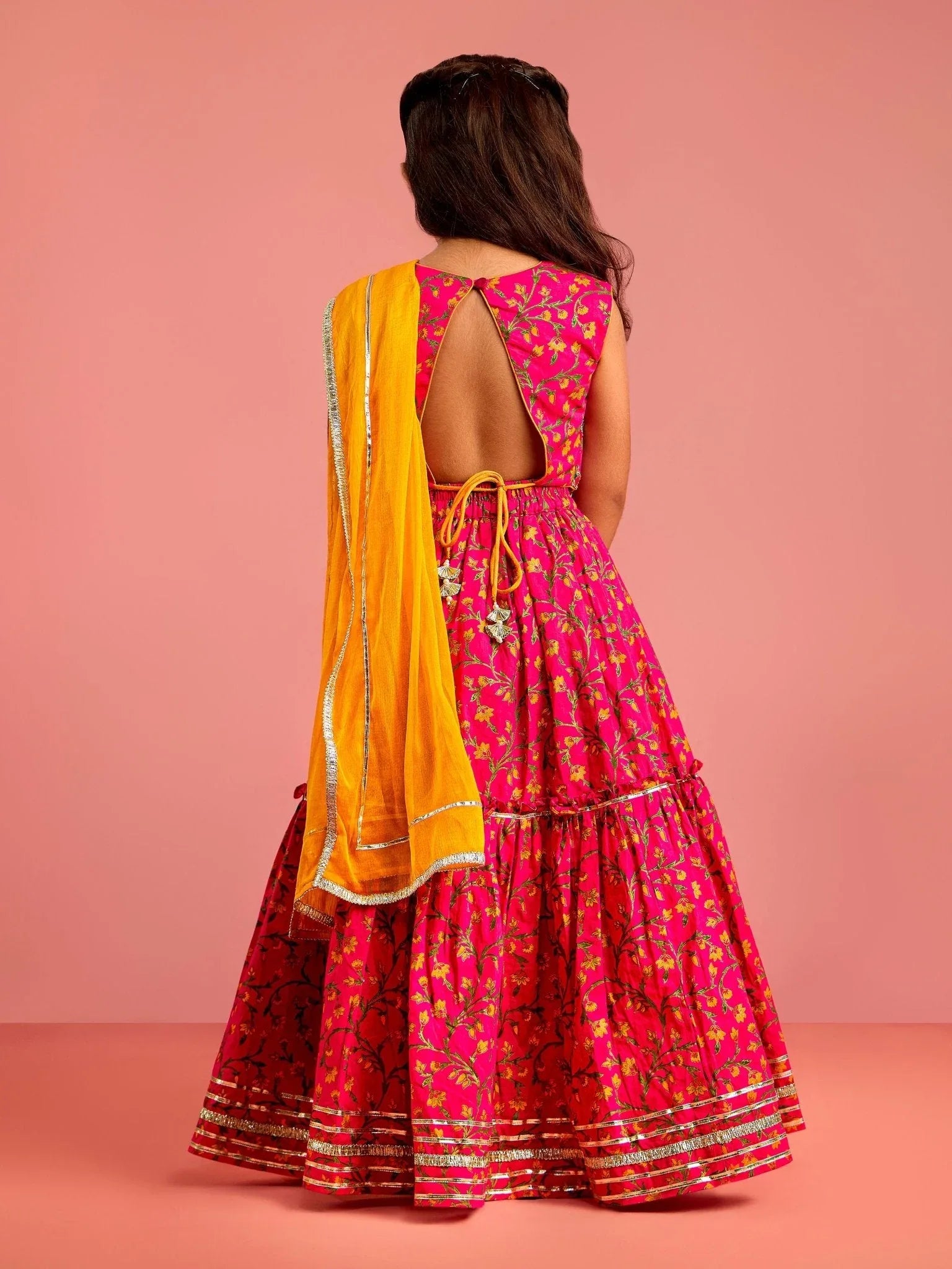Girls Ethnic Wear Pink Floral Screen Print Cotton Cambric Lehenga Choli Set with Yellow Chiffon Dupatta