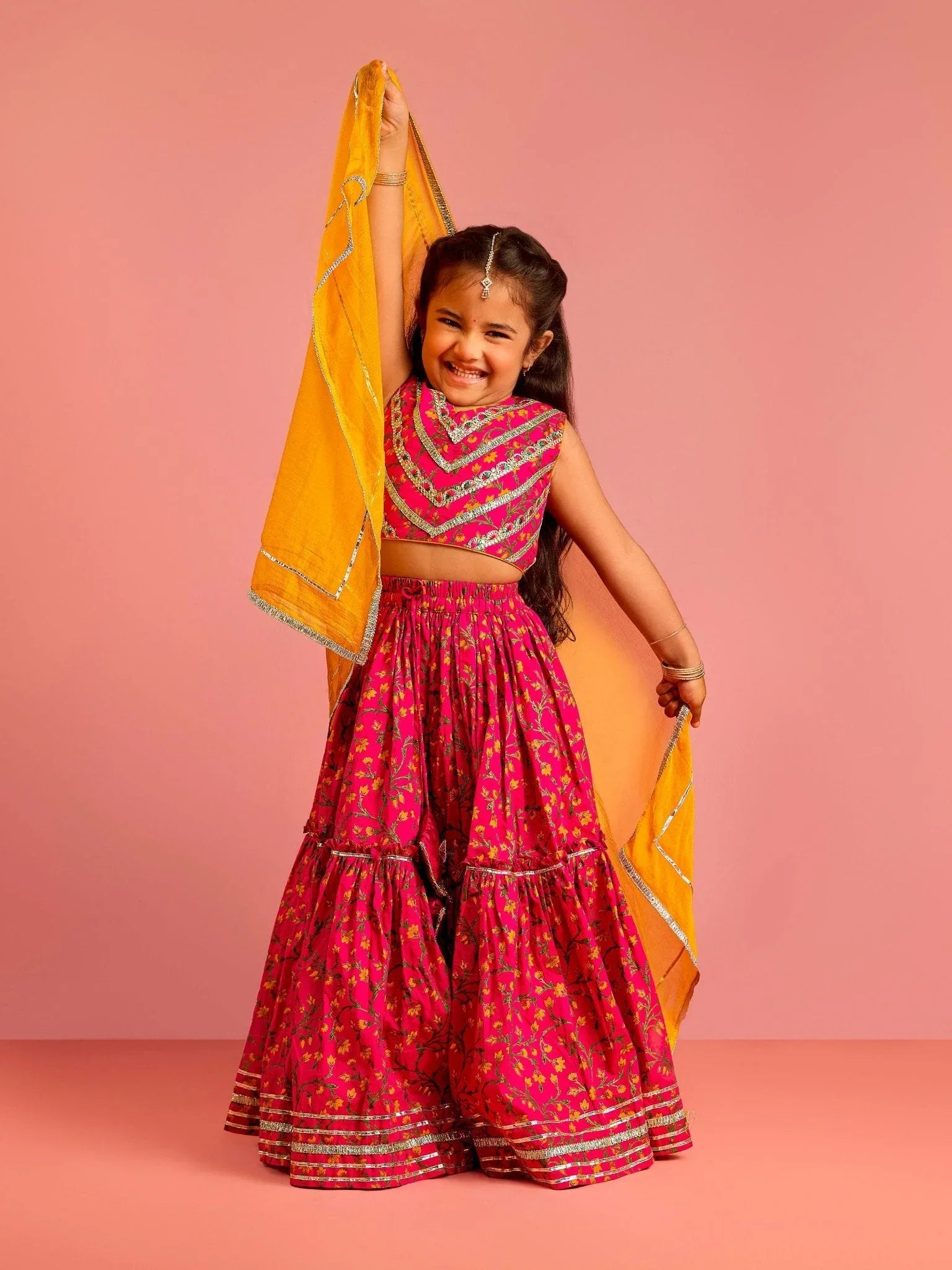 Girls Ethnic Wear Pink Floral Screen Print Cotton Cambric Lehenga Choli Set with Yellow Chiffon Dupatta