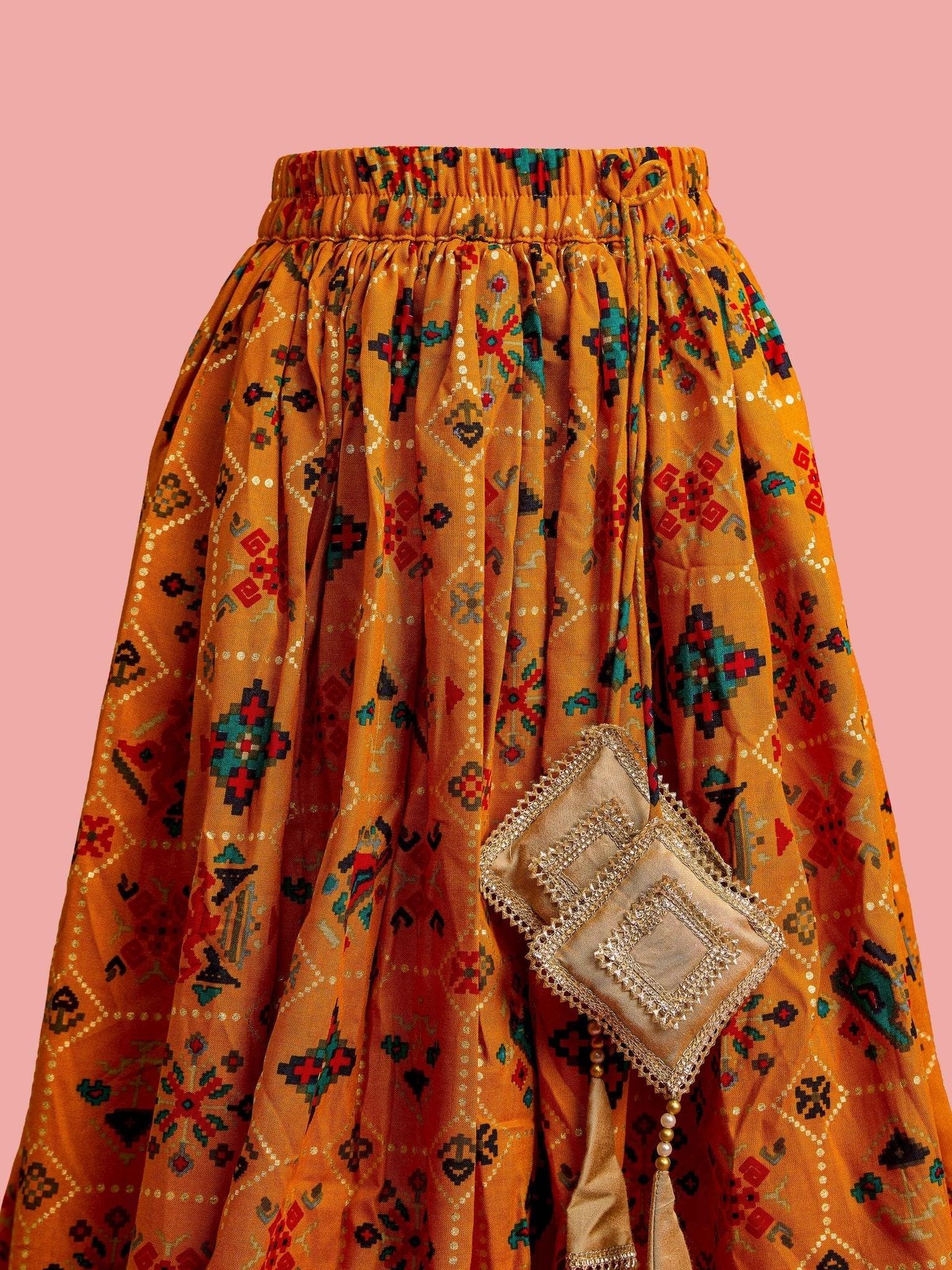 Girls Mustard Patola Print Rayon Lehenga Choli Set with Accessories & Ruffled Hand Gloves