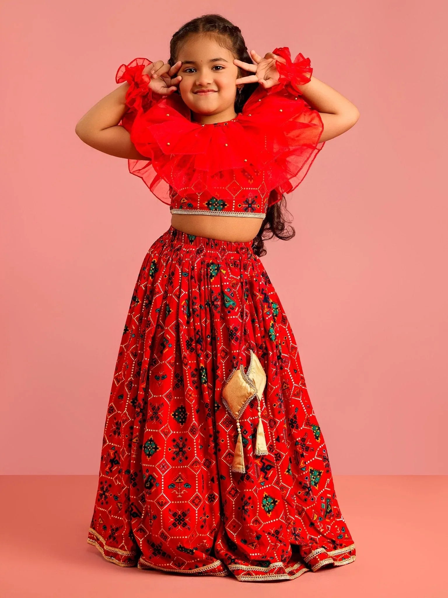 Girls Red Patola Print Rayon Lehenga Choli Set with Accessories & Ruffled Hand Gloves