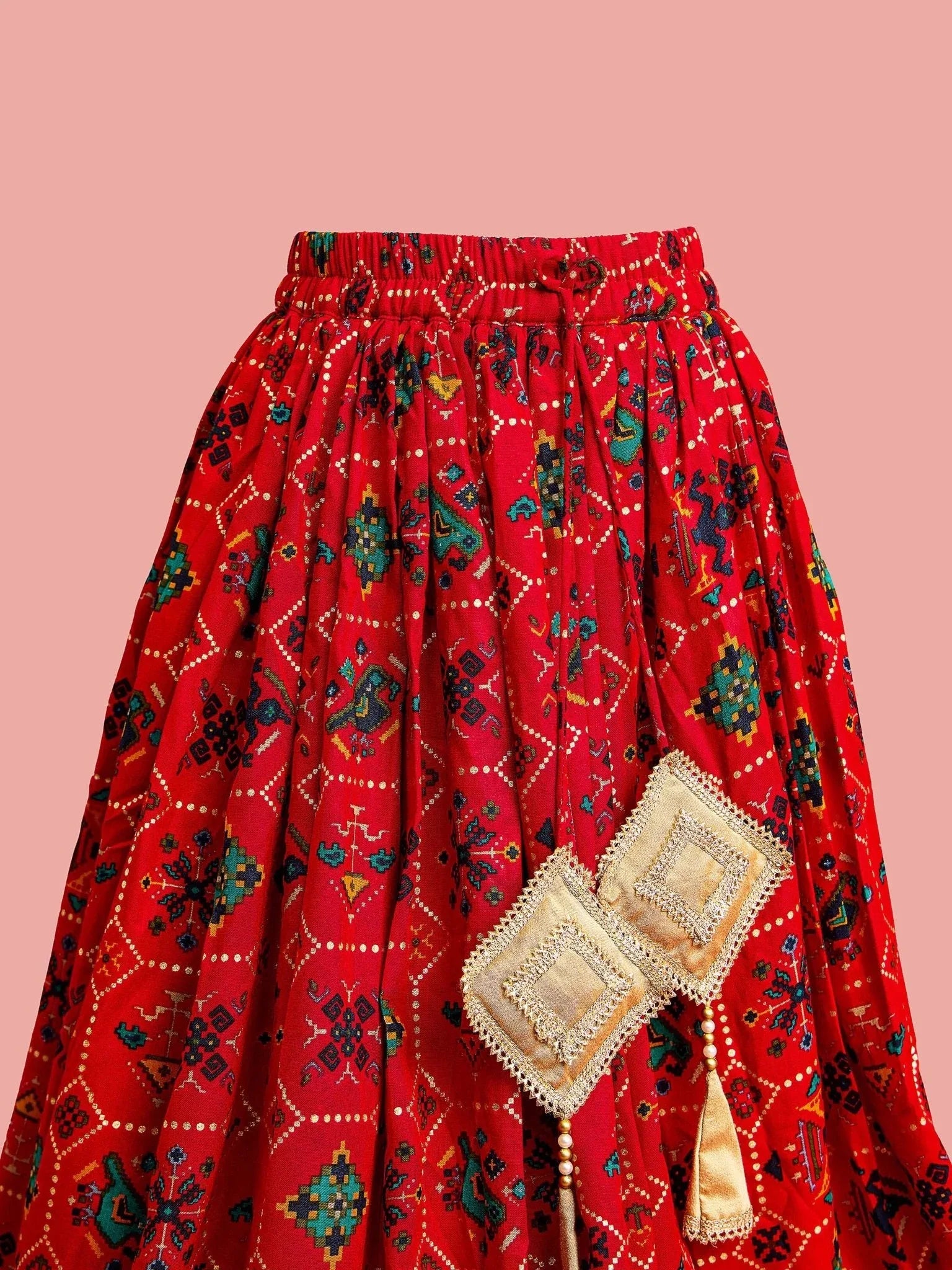 Girls Red Patola Print Rayon Lehenga Choli Set with Accessories & Ruffled Hand Gloves