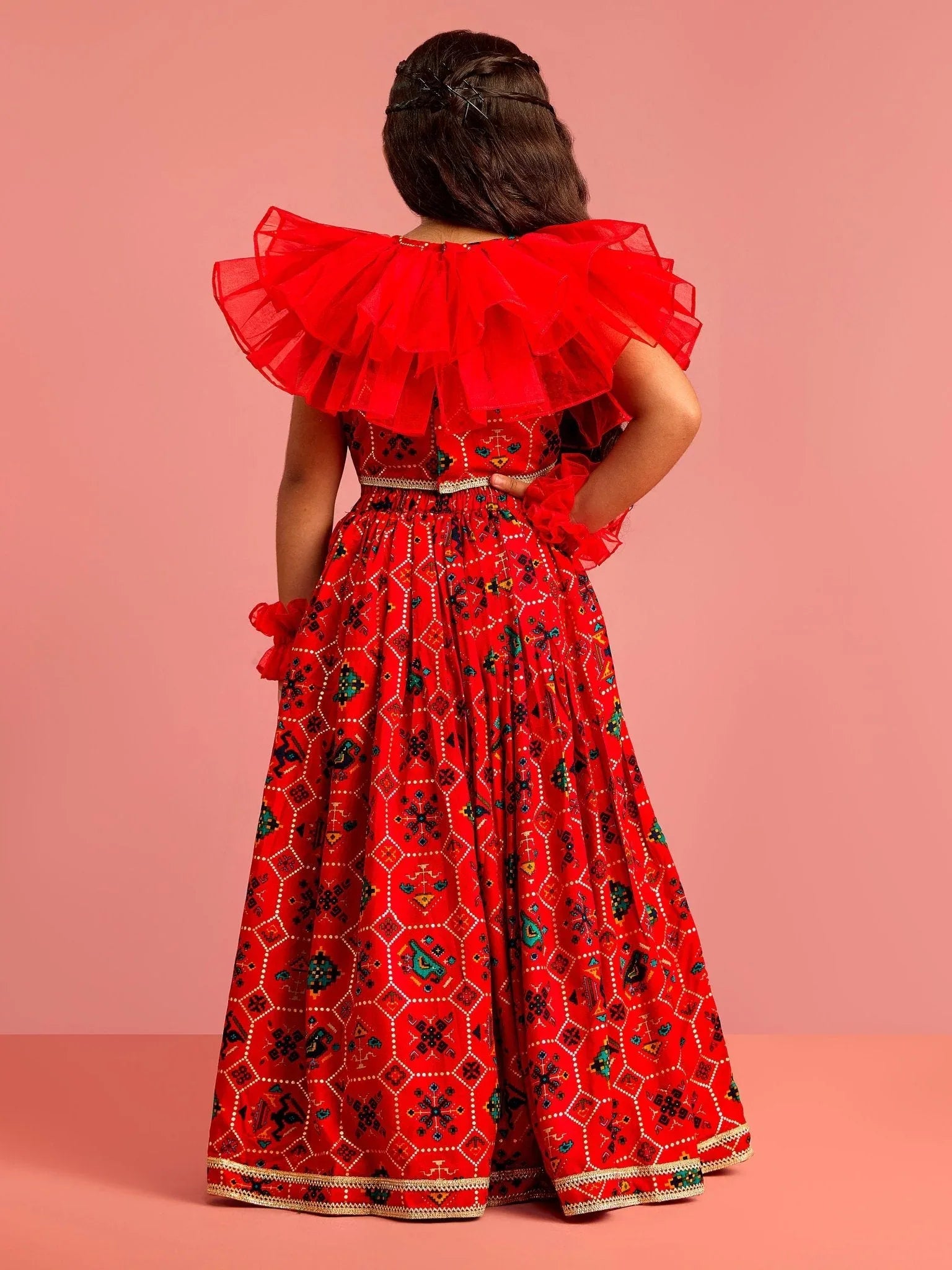 Girls Red Patola Print Rayon Lehenga Choli Set with Accessories & Ruffled Hand Gloves