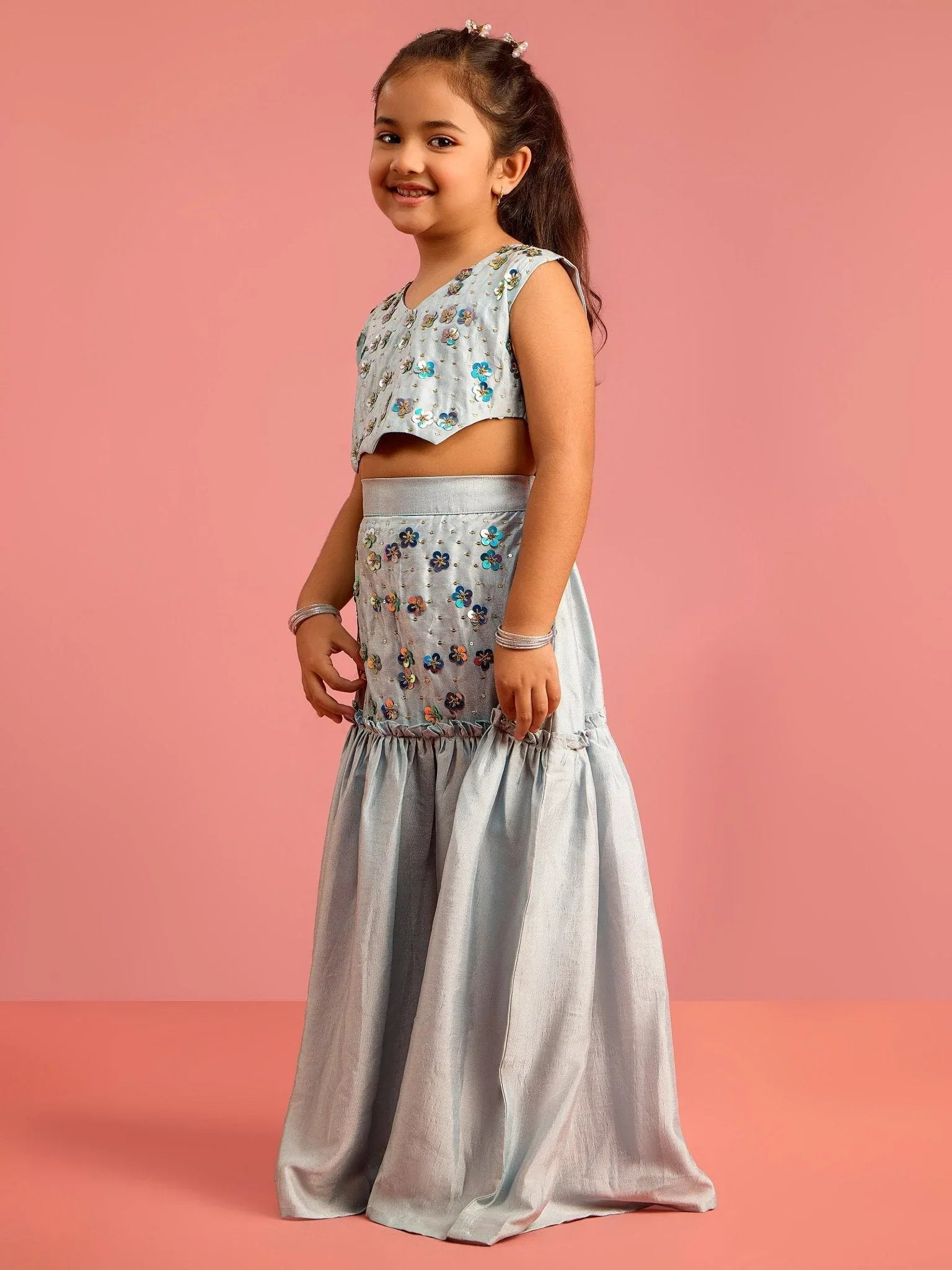 Girls Silk Blend Embroidered Lehenga Choli Set with Dupatta
