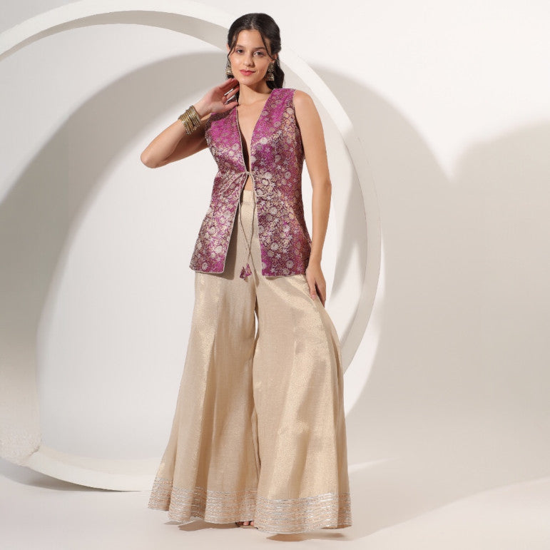 Golden Sharara with Brocade Jacket - qivii