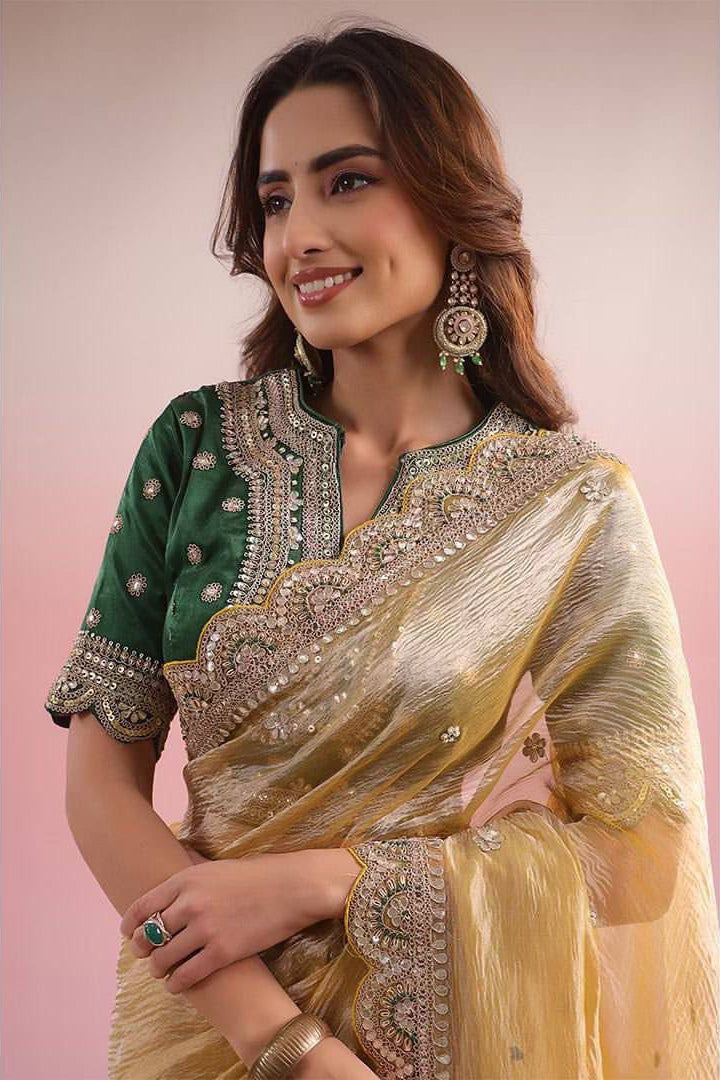 Beautiful gold Twil Net Saree with Coding & Sequnce work