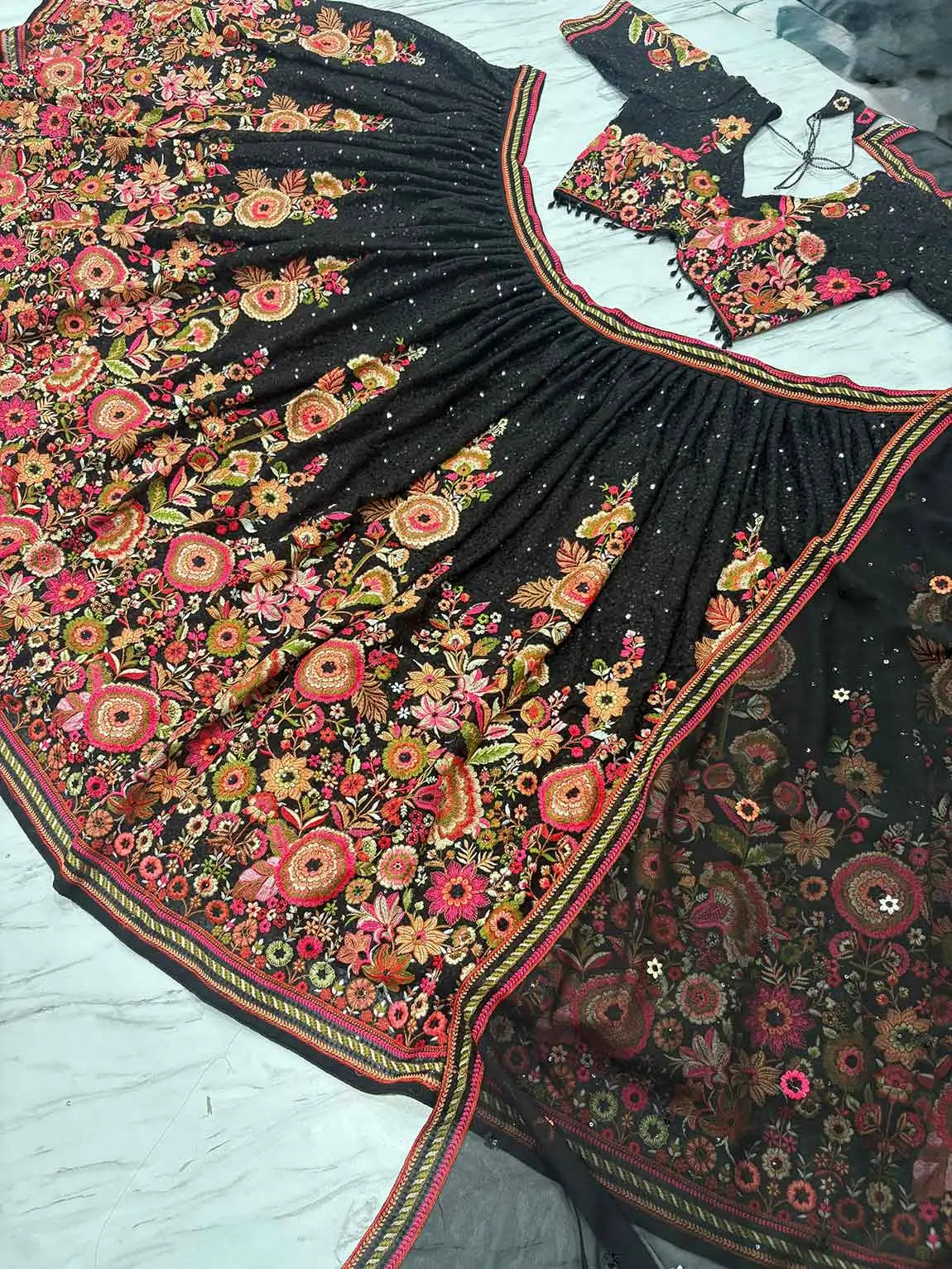 Black Georgette Lehenga With Multi Thread Flower And Sequins Work - qivii