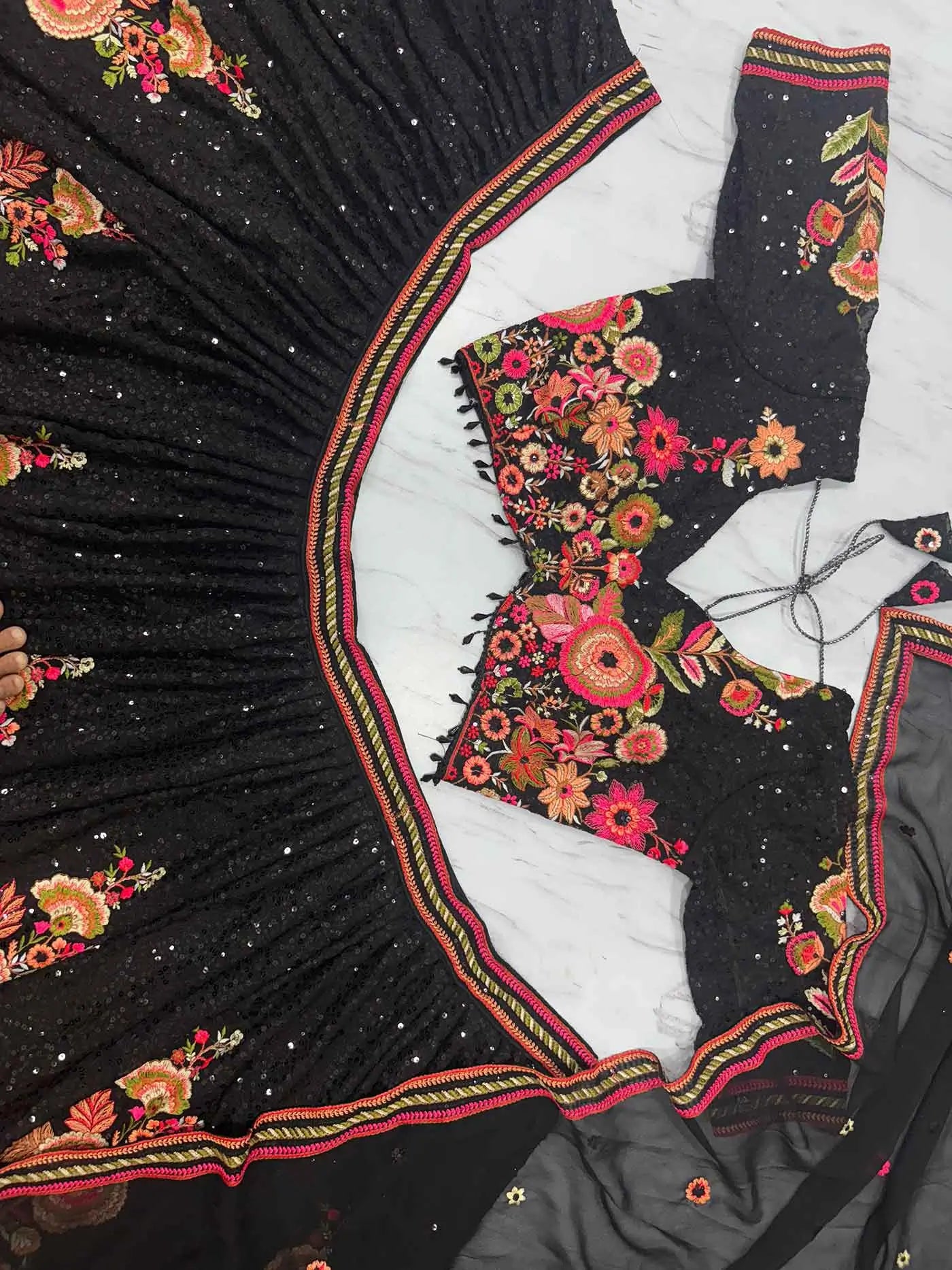 Black Georgette Lehenga With Multi Thread Flower And Sequins Work - qivii