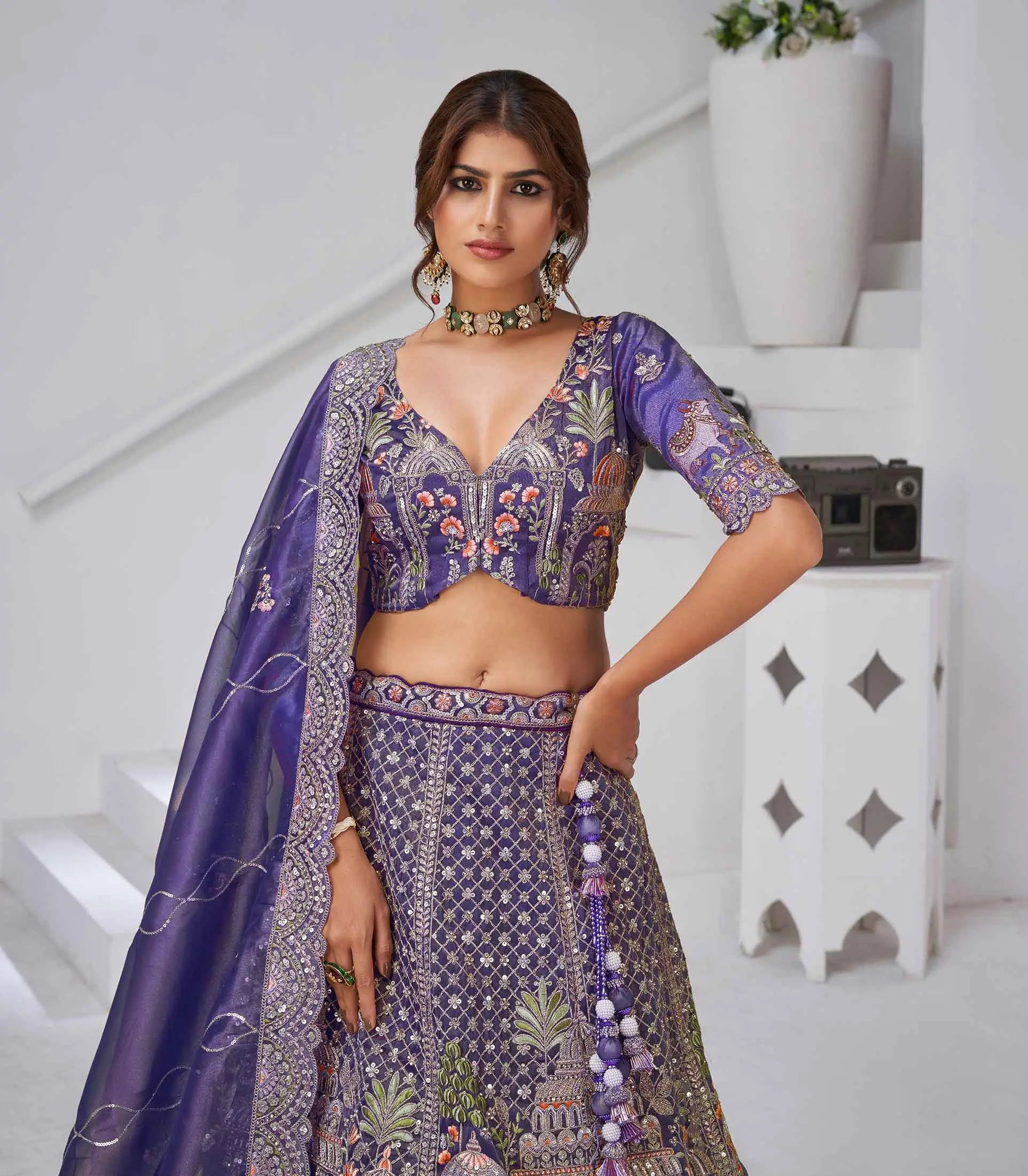 Bluish Purple Bridal Lehenga With Temple & Cow Motifs - qivii
