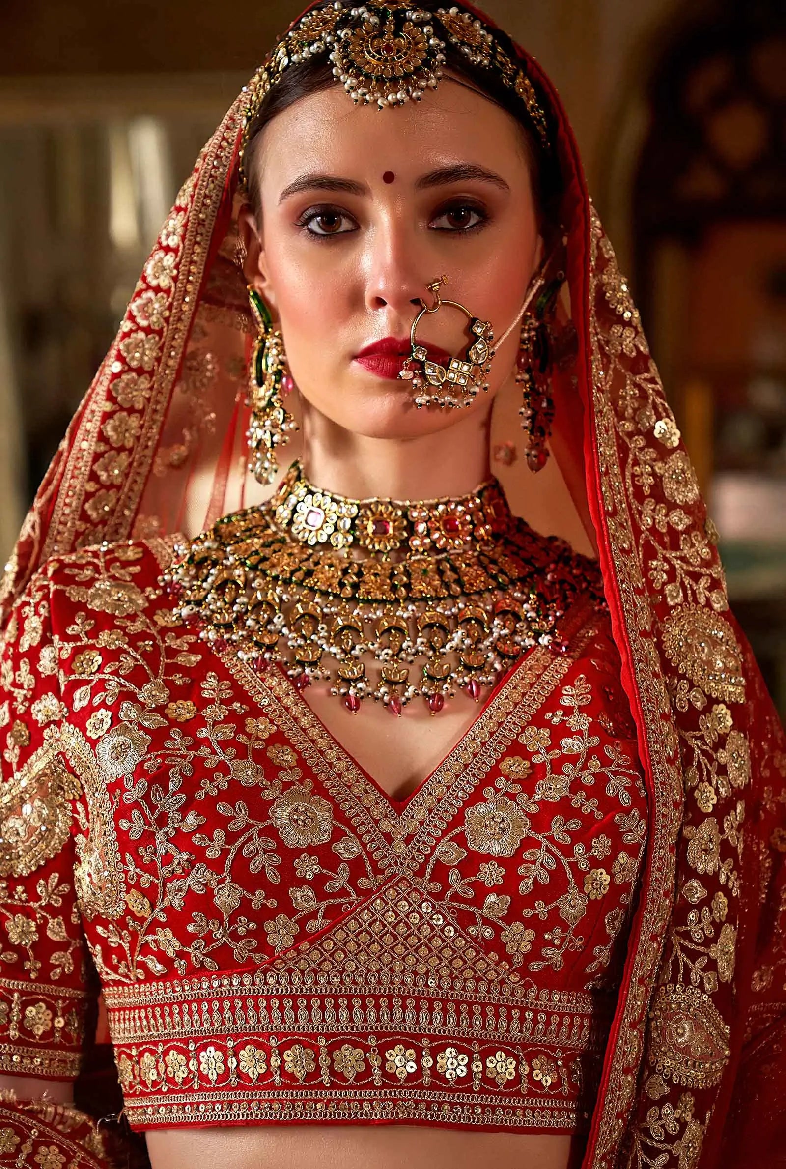 Bridal Red Heavy Embroidery & Pearl Work Lehenga - qivii