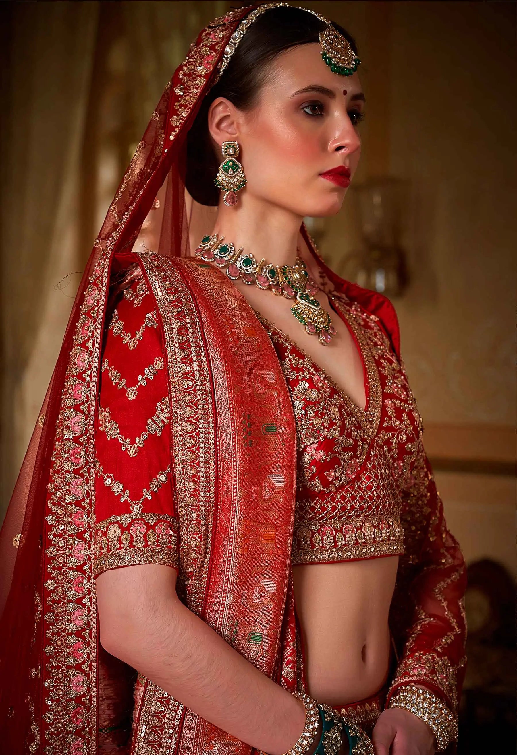 Bridal Red Lehenga With Heavy Embroidery & Pearl Work - qivii