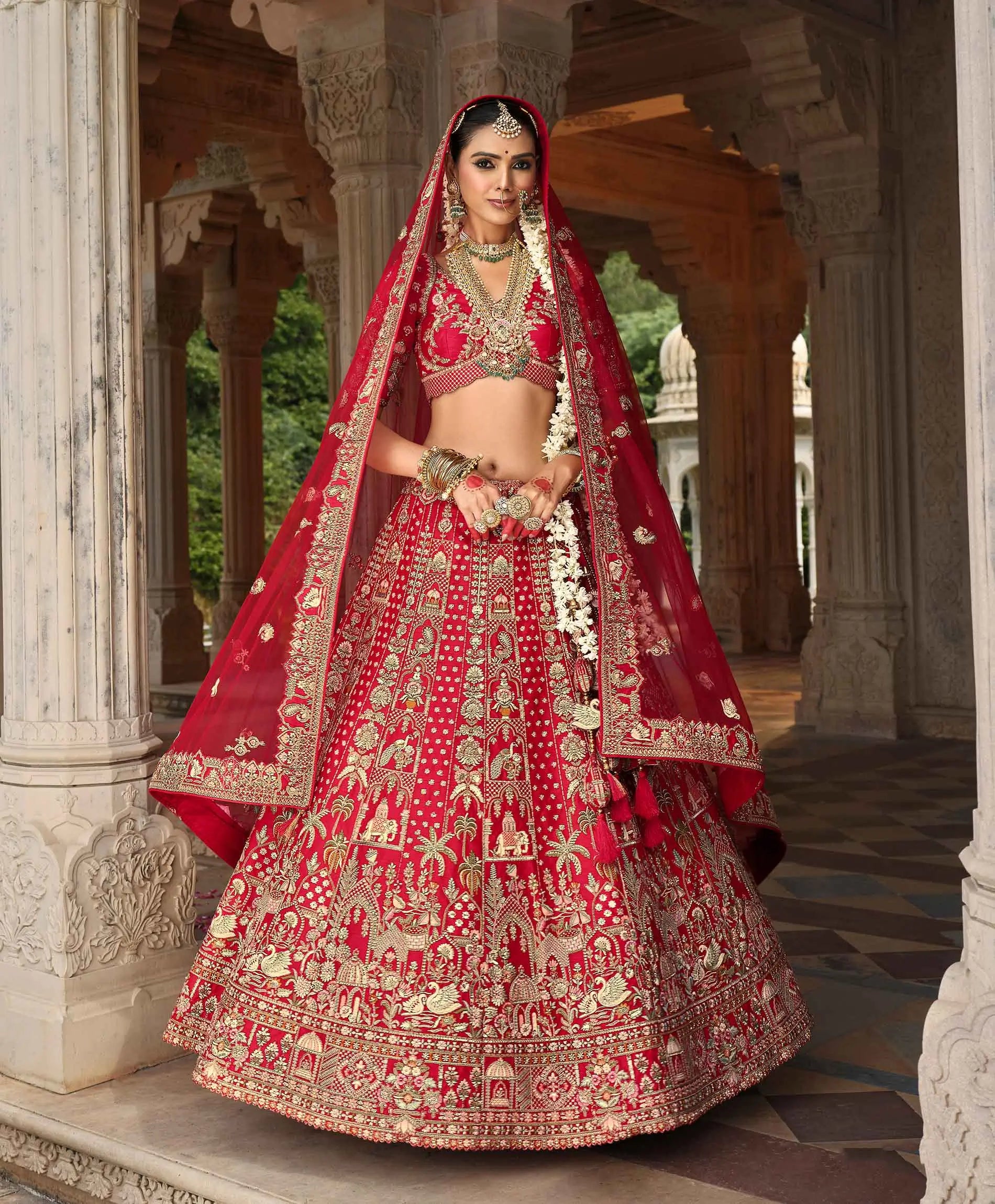 Cornel Red Bridal Lehenga Khatli Embroidery & 2 Dupatta - qivii