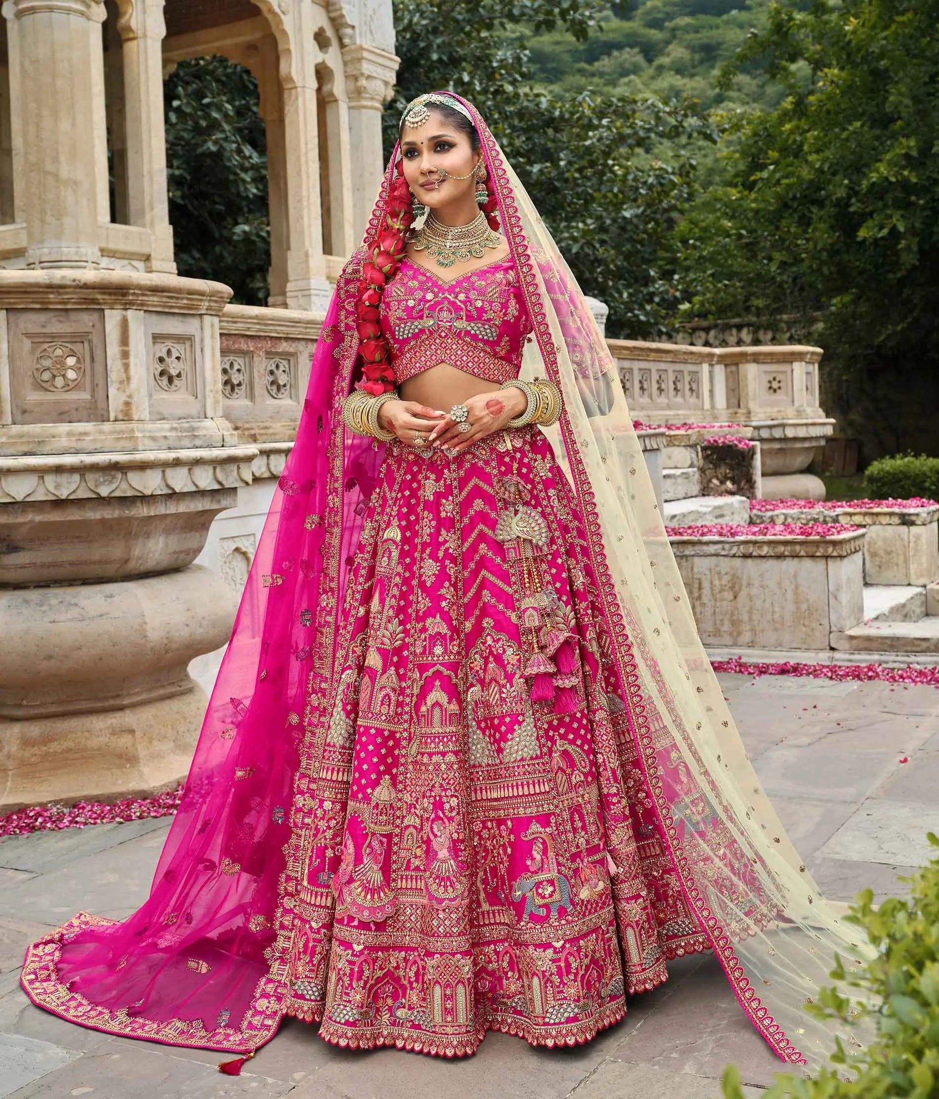 Dark Pink Khatli Embroidery Bridal Lehenga & 2 Dupatta - qivii