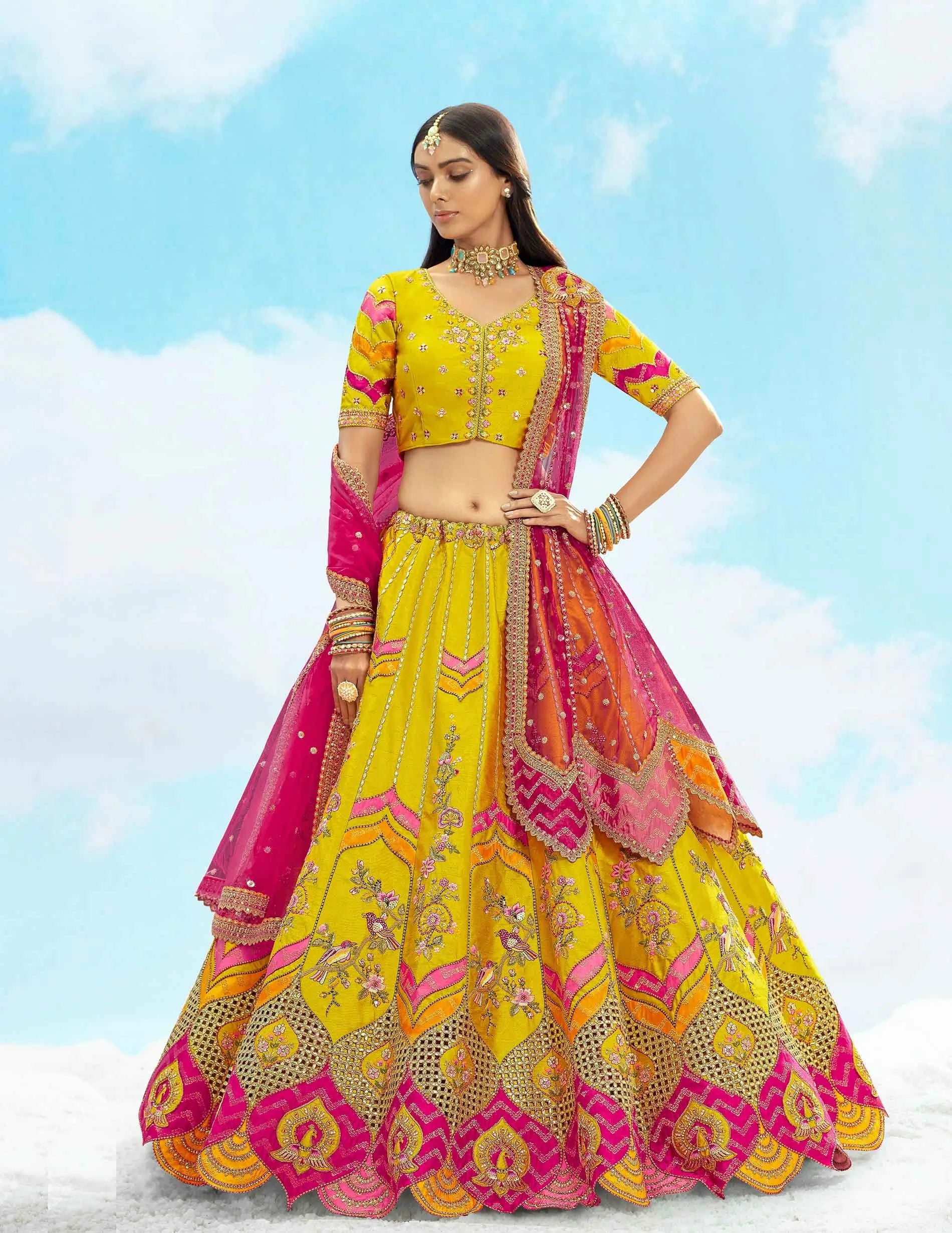 Designer Mustard Yellow Patch & Embroidery Work Bridal Lehenga - qivii