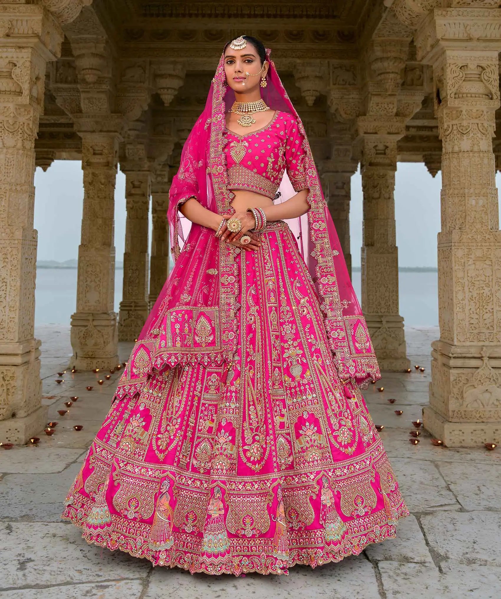 Designer Pink Bridal Lehenga With Heavy Embroidery & 2 Dupatta - qivii