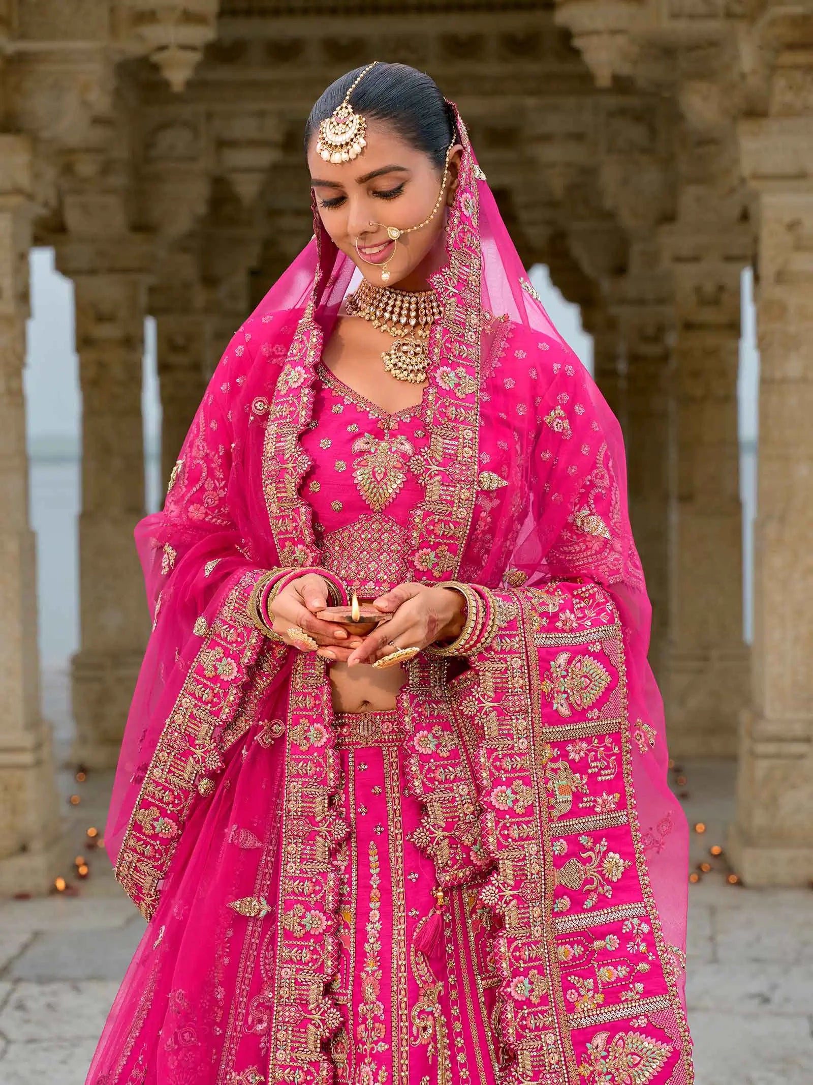 Designer Pink Bridal Lehenga With Heavy Embroidery & 2 Dupatta - qivii