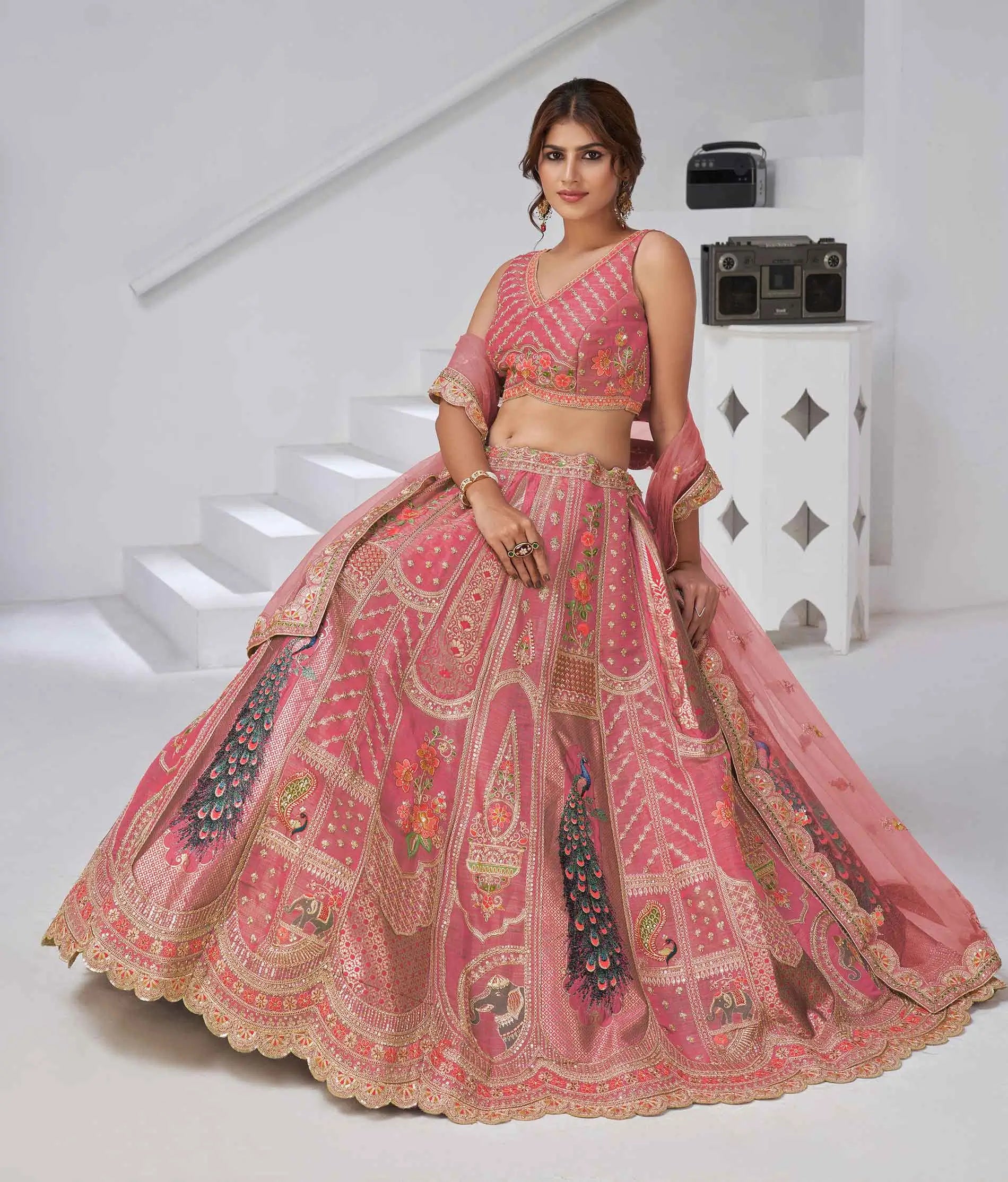 Designer Pink Silk Lehenga With Peacock Feather Work - qivii