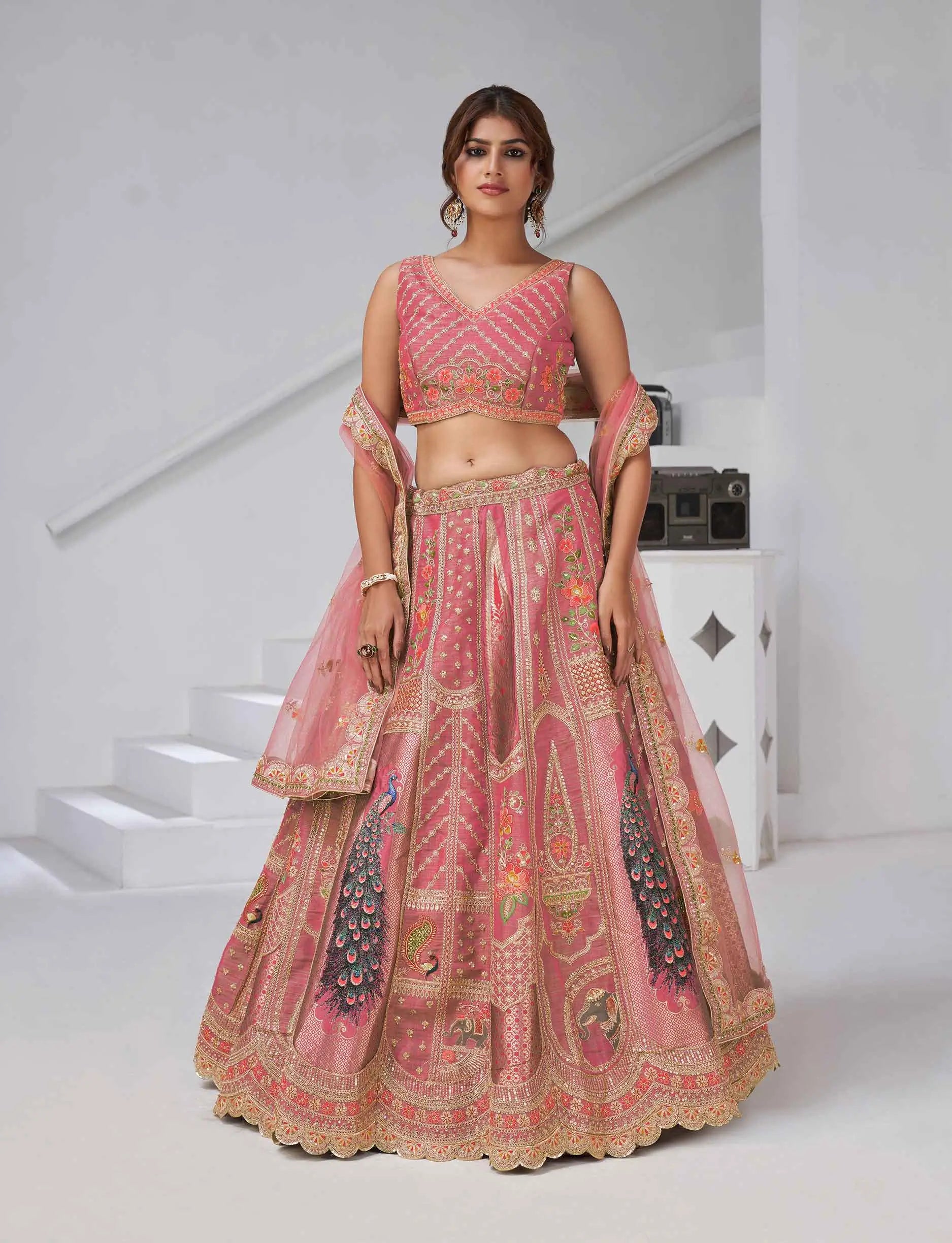 Designer Pink Silk Lehenga With Peacock Feather Work - qivii