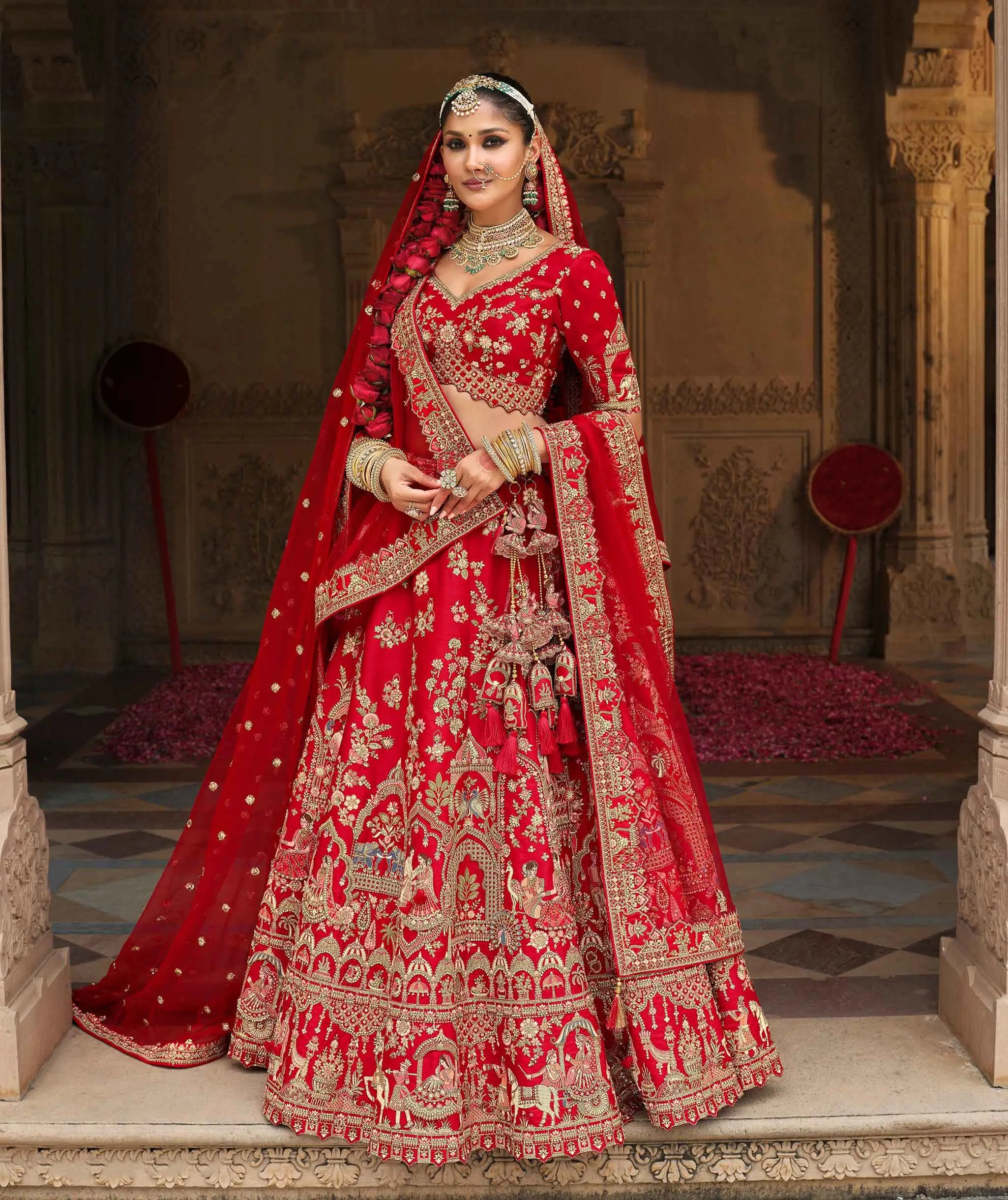 Designer Red Bridal Lehenga Khatli Embroidery & 2 Dupatta - qivii