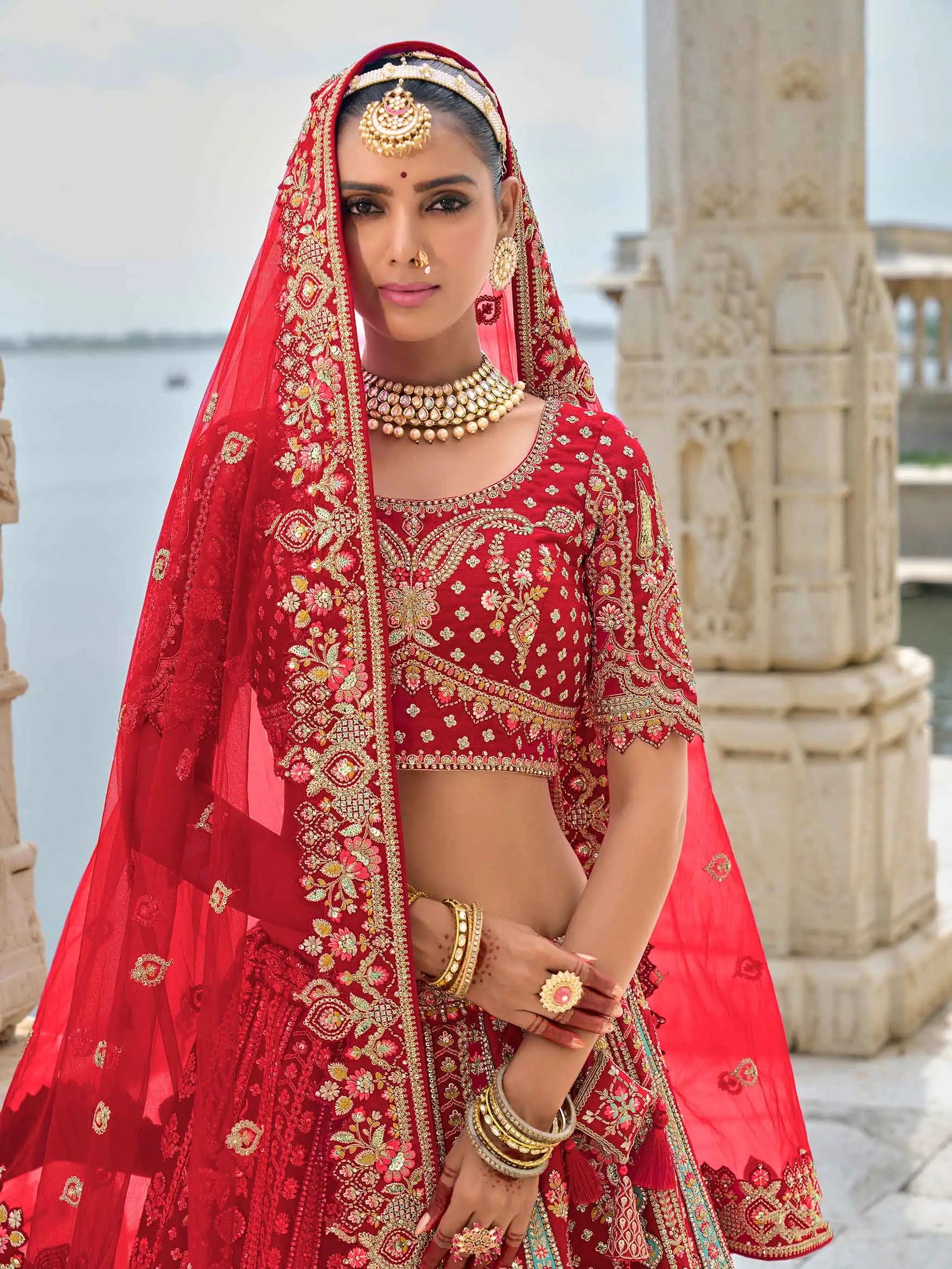 Designer Red Bridal Lehenga With Heavy Embroidery & 2 Dupatta - qivii