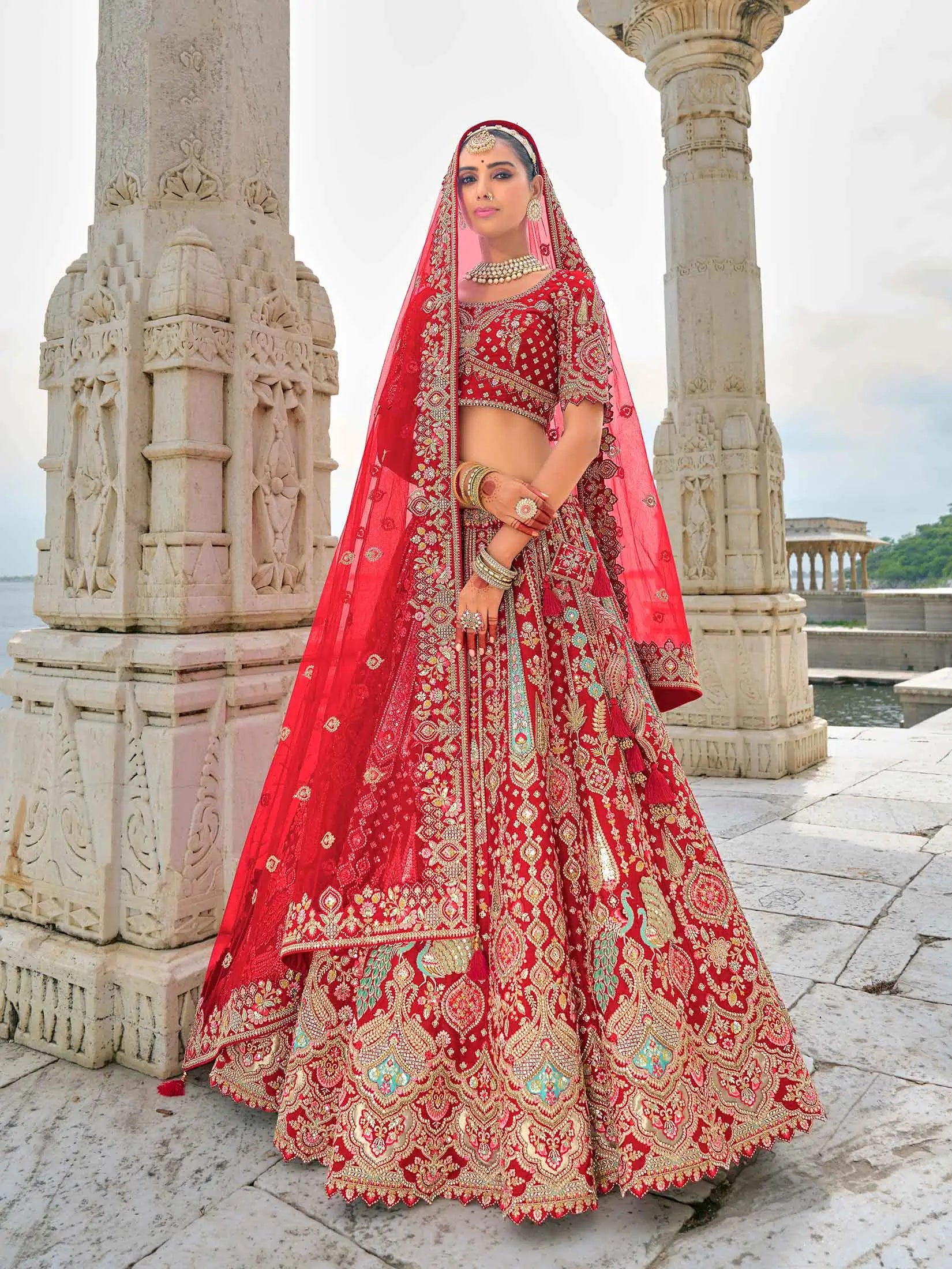Designer Red Bridal Lehenga With Heavy Embroidery & 2 Dupatta - qivii