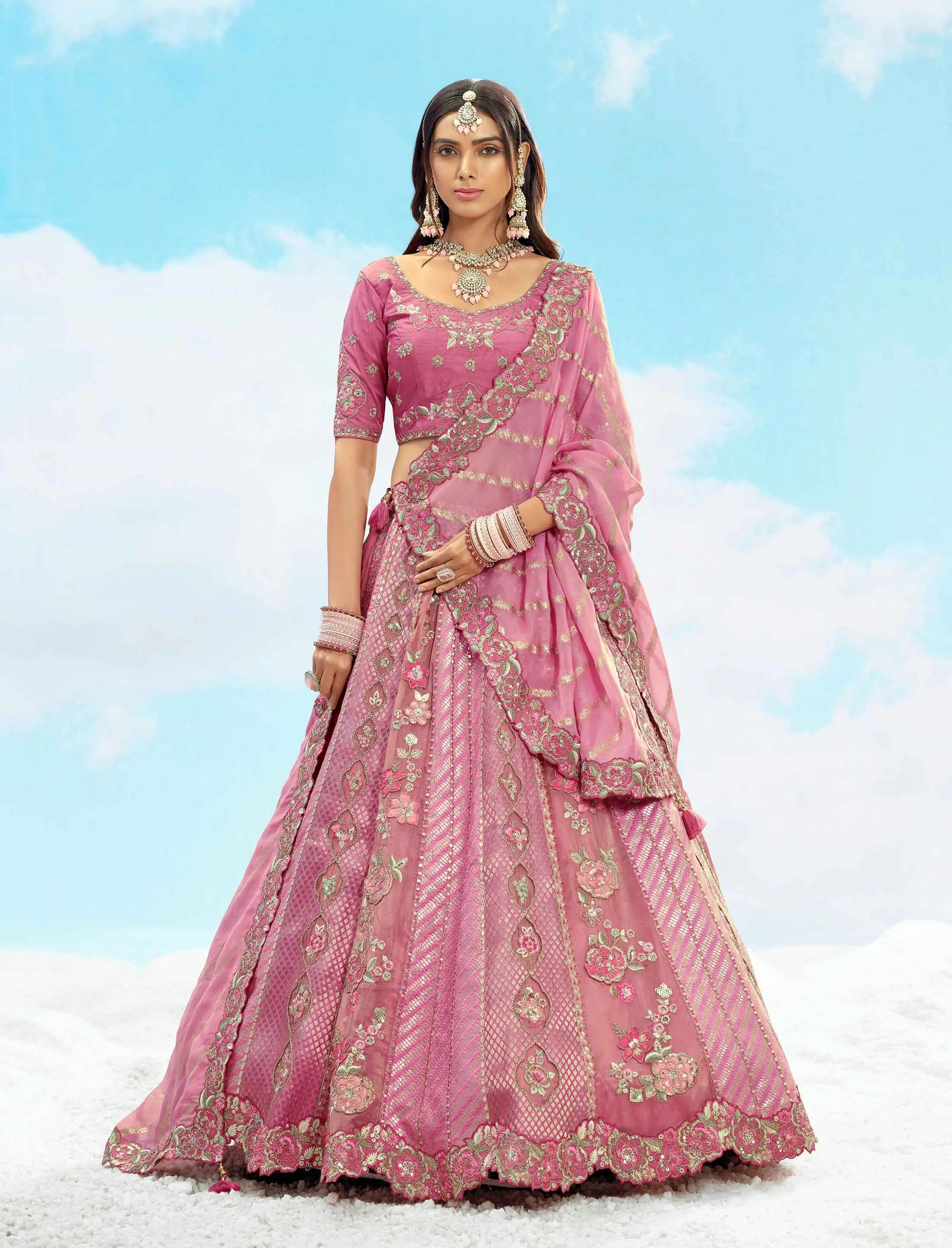Dull Pink Beautiful Patch & Floral Embroidery Work Bridal Lehenga - qivii