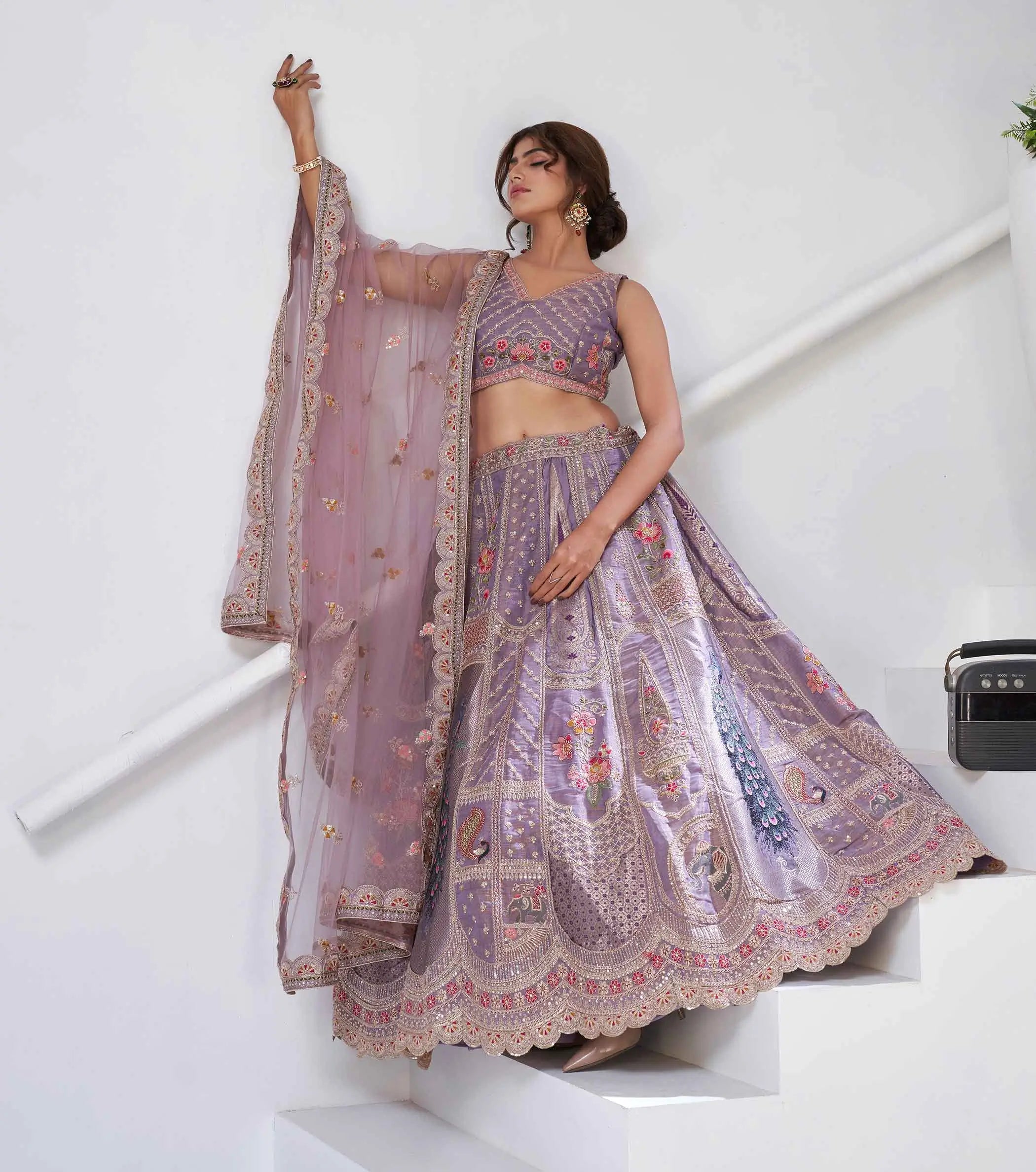 Dusky Purple Silk Lehenga With Peacock Feather Motifs - qivii