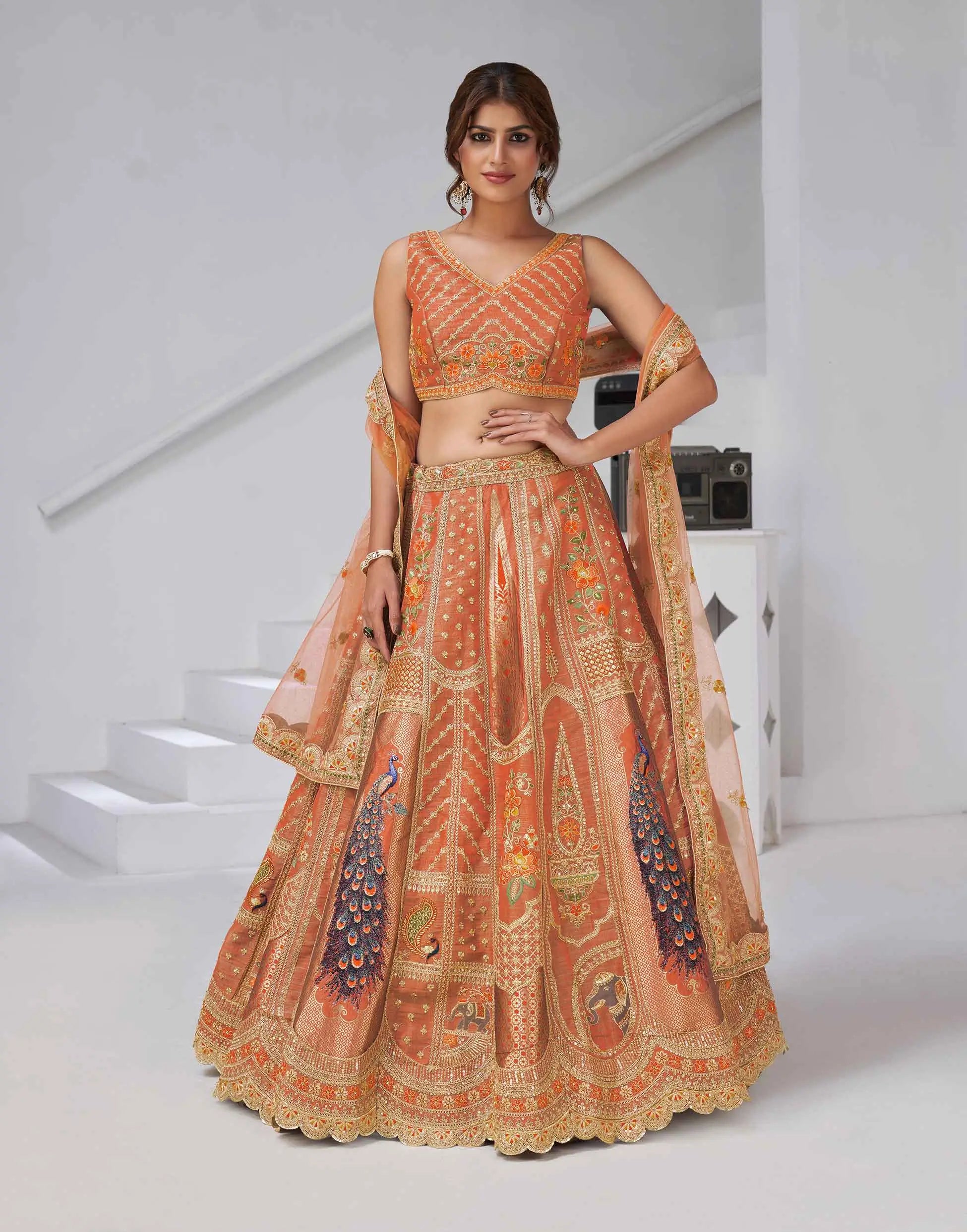 Elegant Rust Silk Lehenga With Feather Detailing - qivii