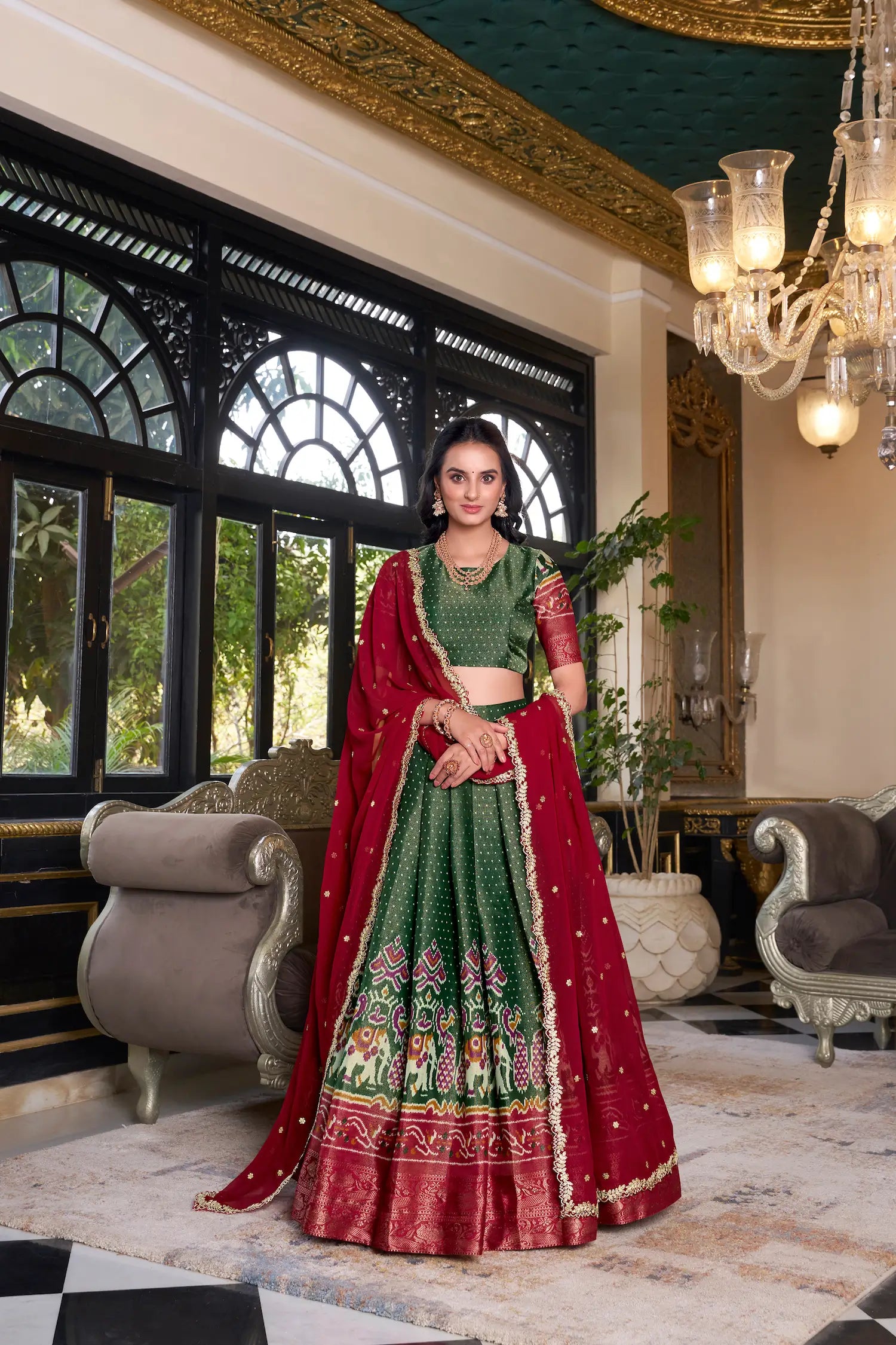 Green Kanchipuram Silk Lehenga Choli With Digital Print & Embroidery Work - qivii