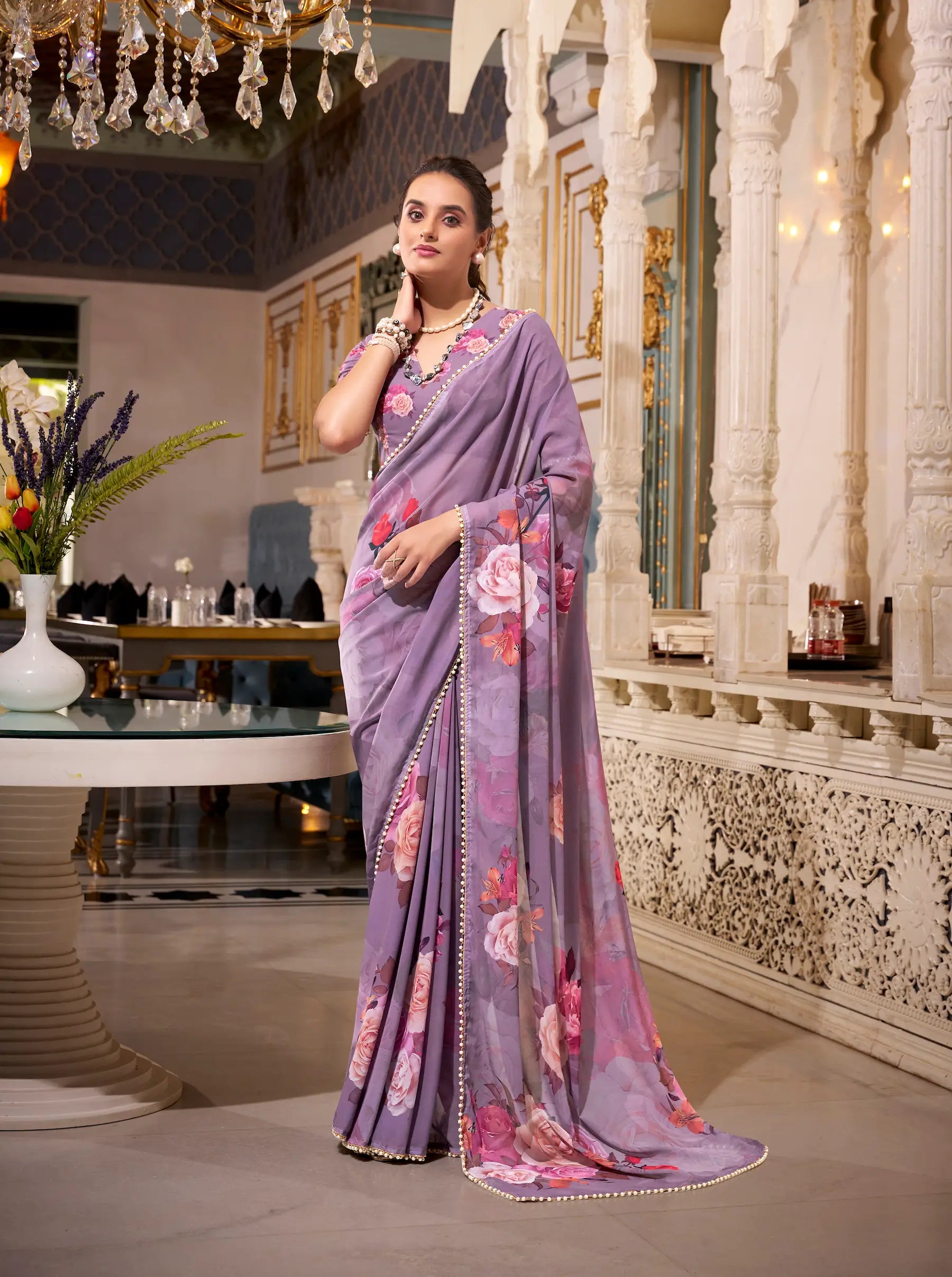 Grey Georgette Floral Print & Pearl Lace Border Saree - qivii