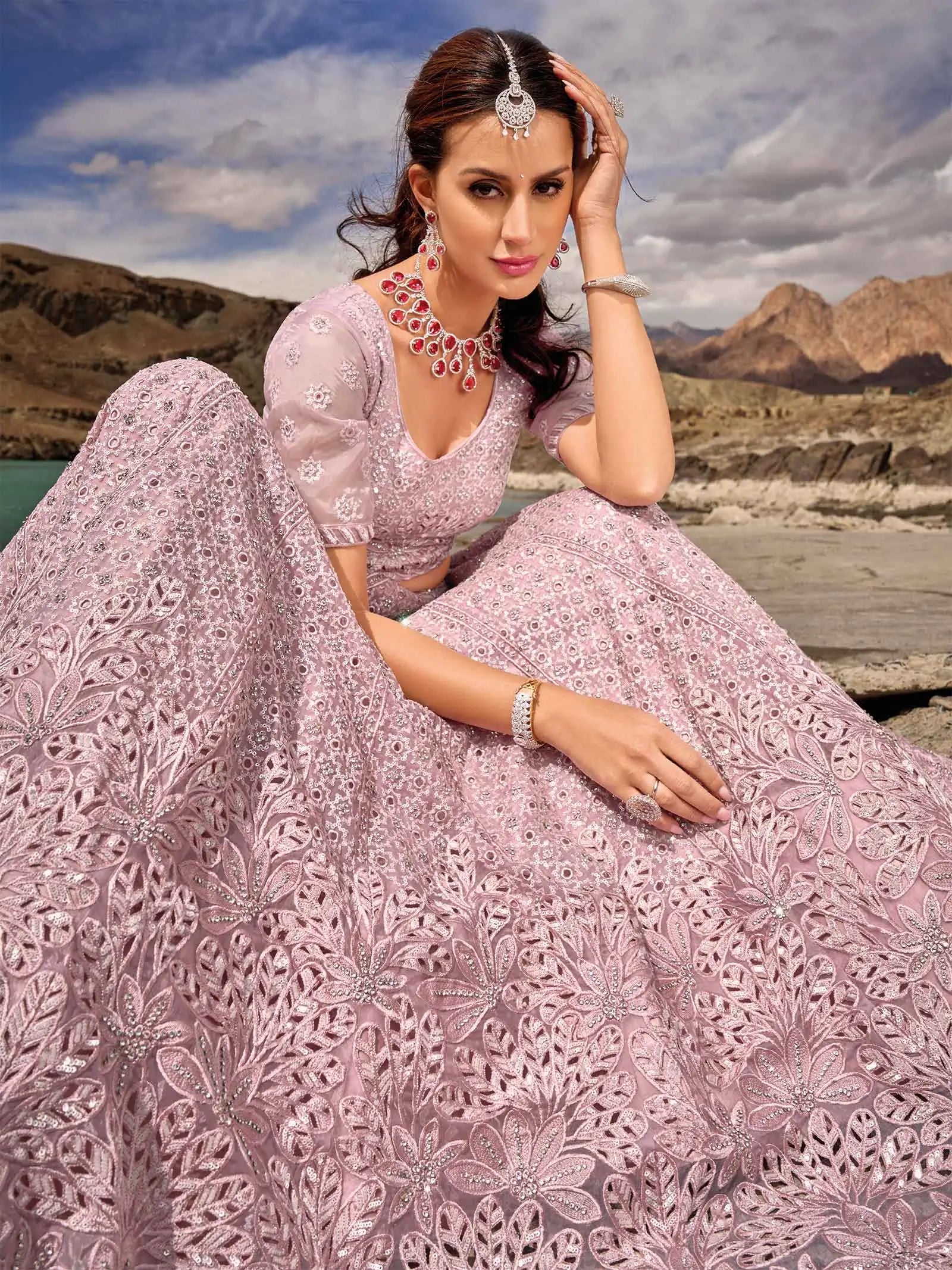 Greyish Pink Zarkan Work With Sequins Embroidery Work Lehenga For Bride - qivii