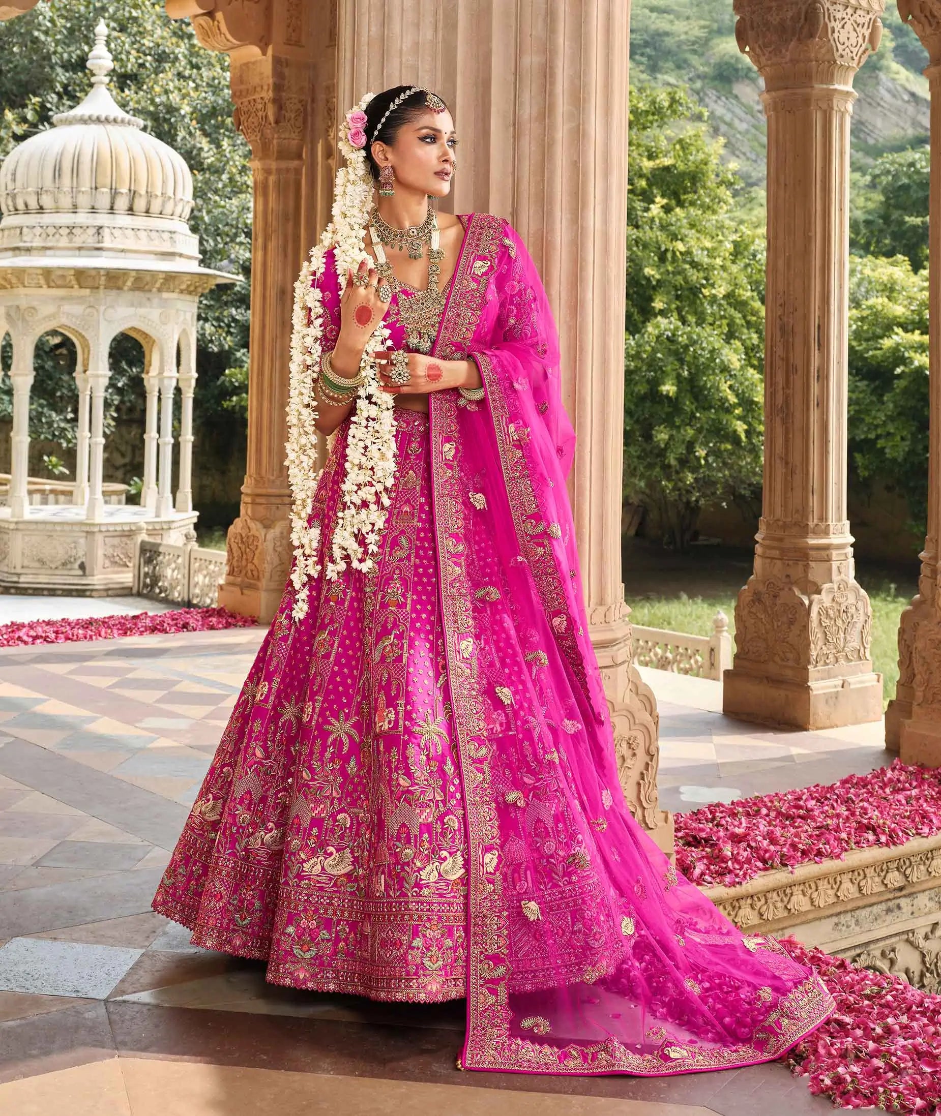 Hot Pink Bridal Lehenga Khatli Embroidery & 2 Dupatta - qivii