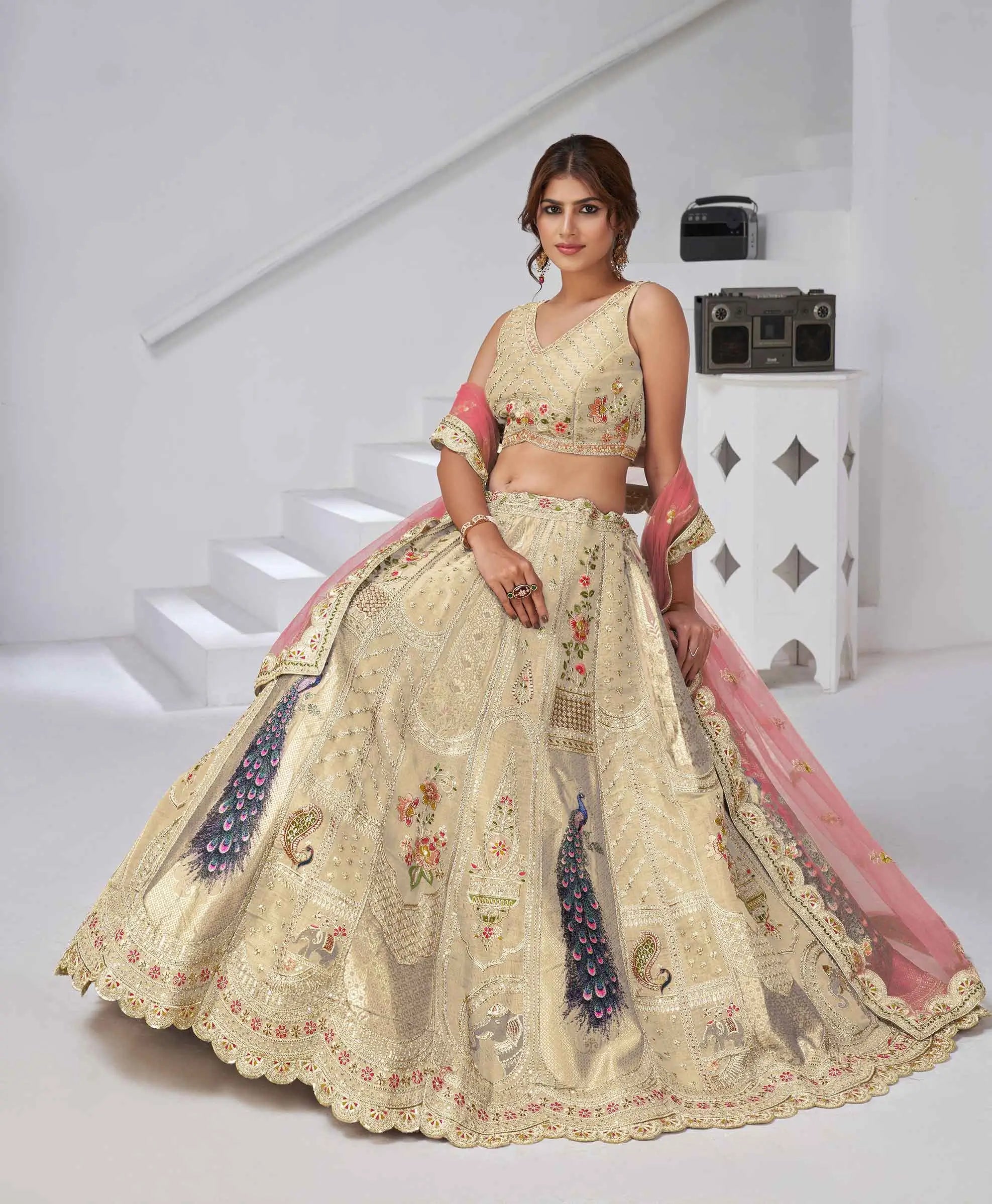 Ivory Silk Designer Lehenga With Peacock Feather Work - qivii