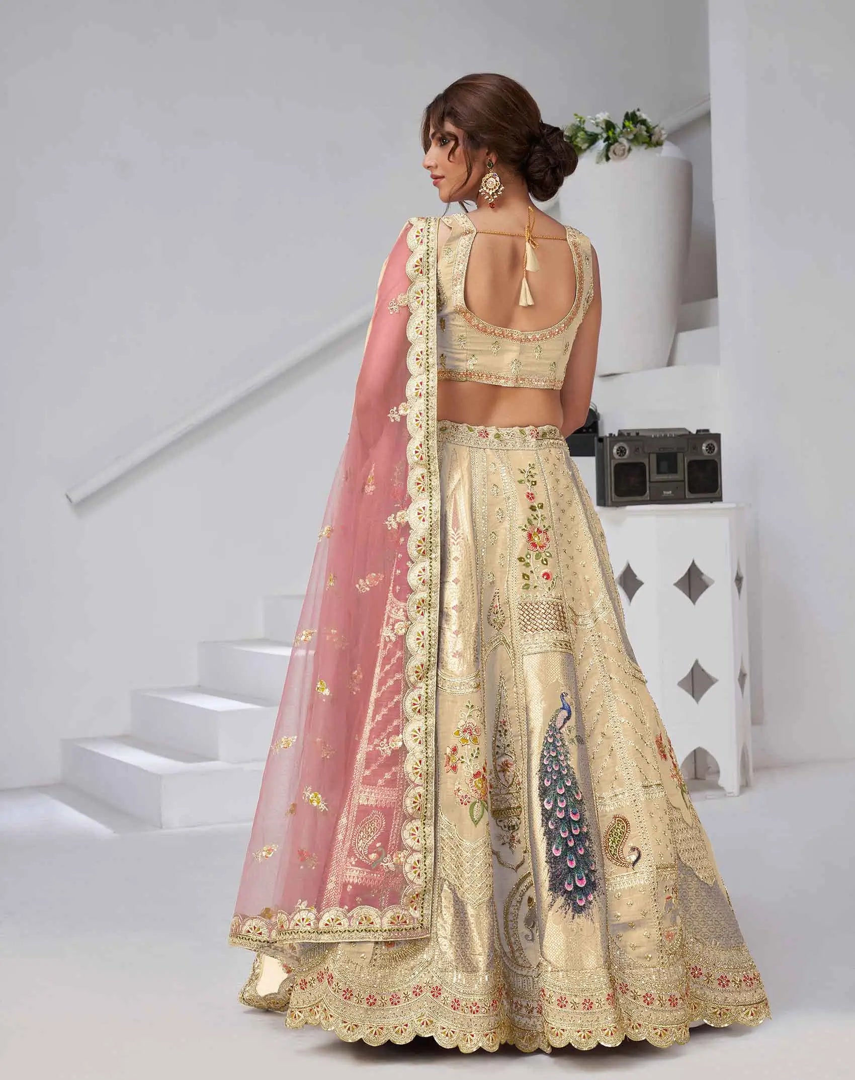 Ivory Silk Designer Lehenga With Peacock Feather Work - qivii