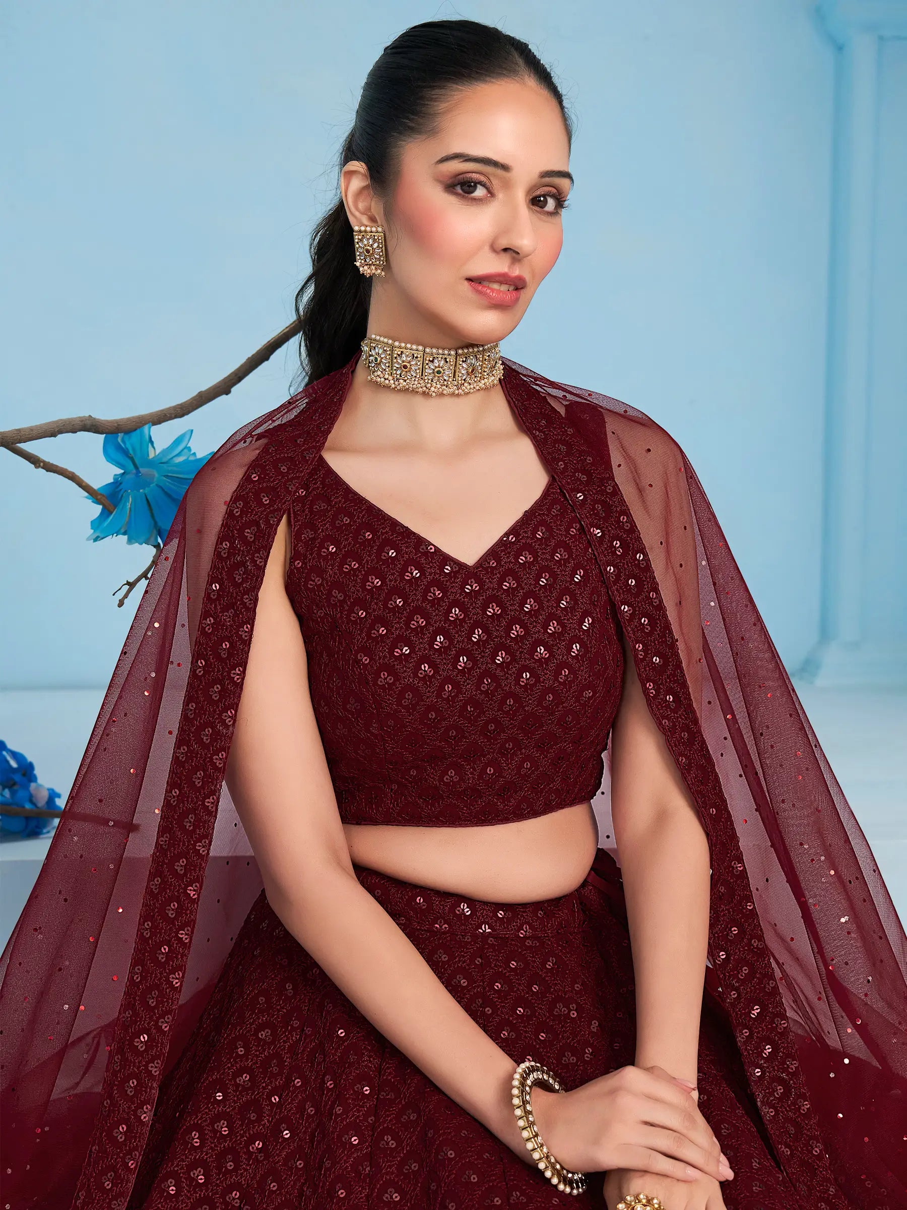 Maroon Designer Lehenga With Sequins Embroidery Work And Dupatta - qivii