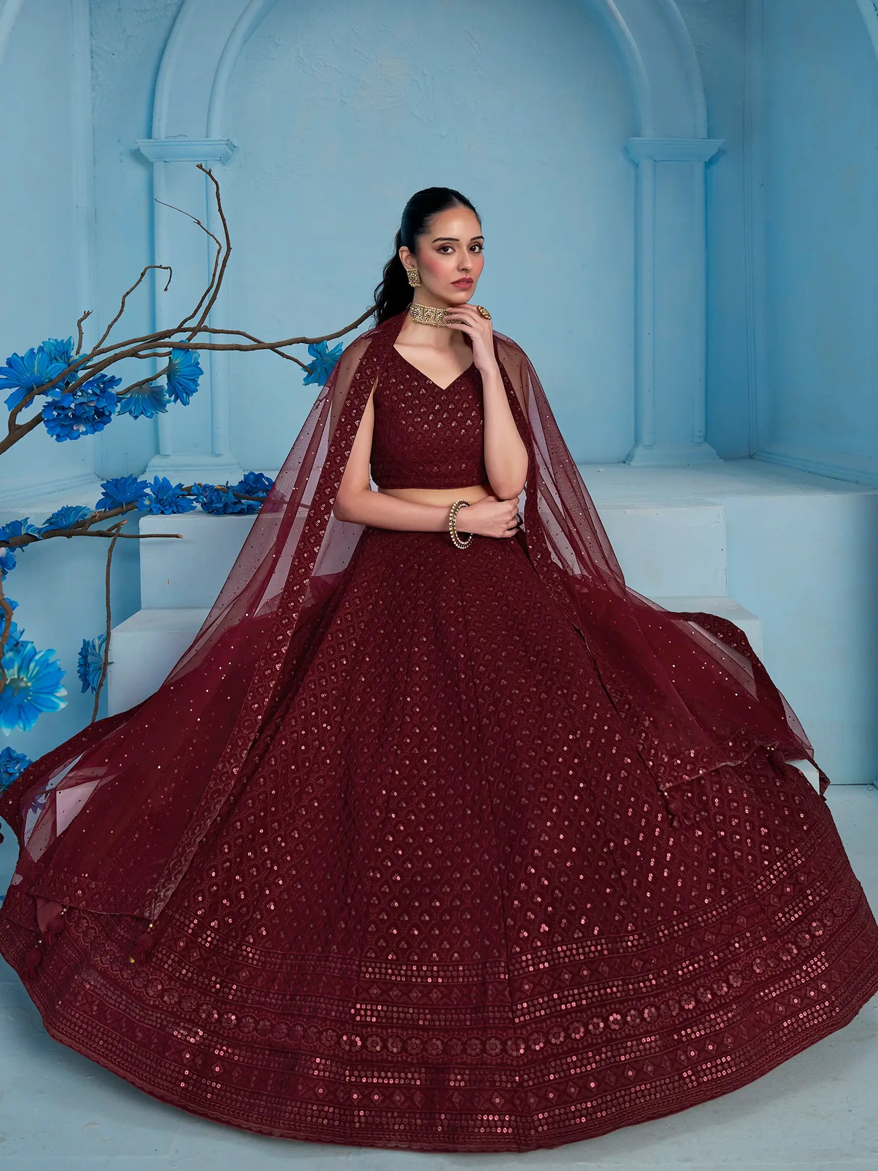 Maroon Designer Lehenga With Sequins Embroidery Work And Dupatta - qivii