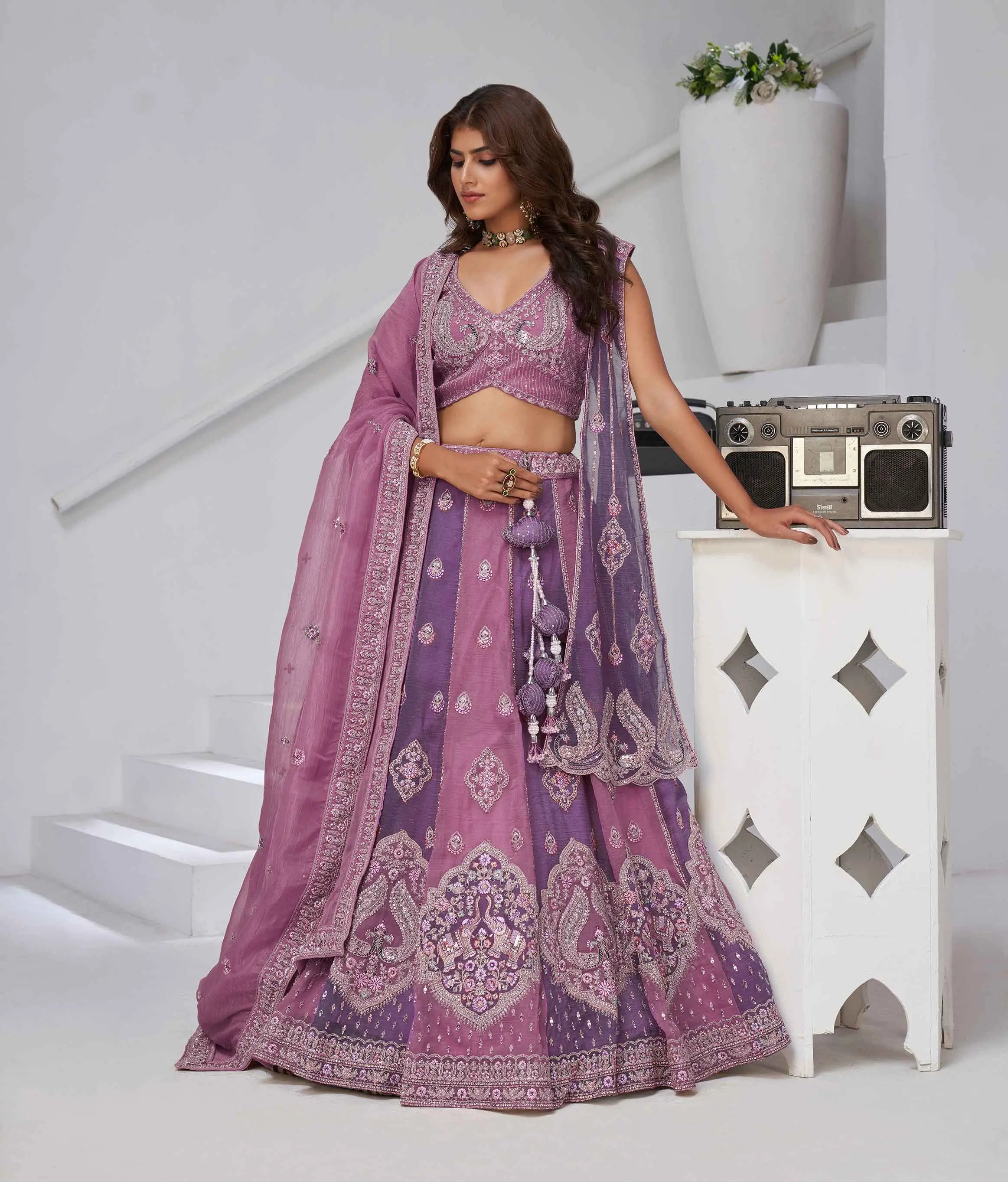 Mauve Purple Lehenga Zari-Resham Work With Dupatta - qivii