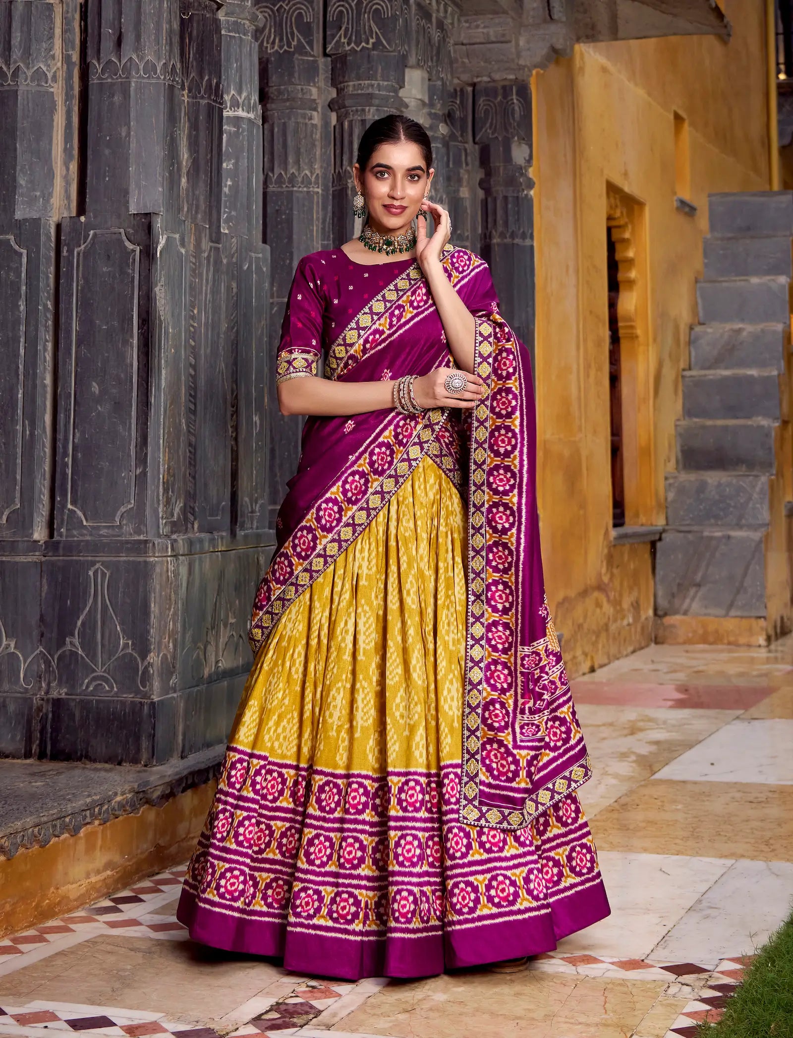 Mustard Yellow Tussar Silk Ikkat Printed Lehenga Choli - qivii