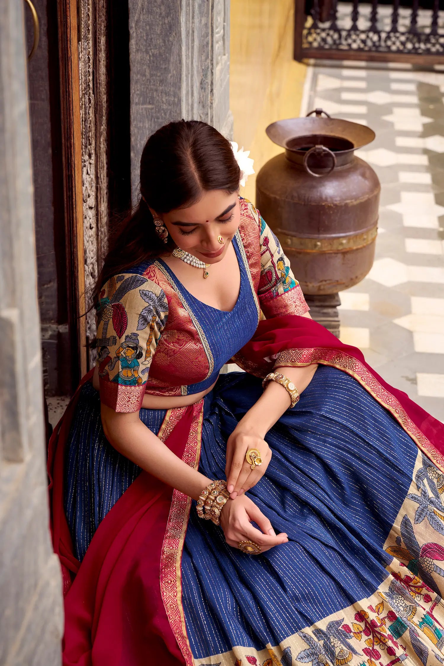 Navy Blue Chanderi Lehenga Choli With Kalamkari Print & Zari Weaving Work - qivii