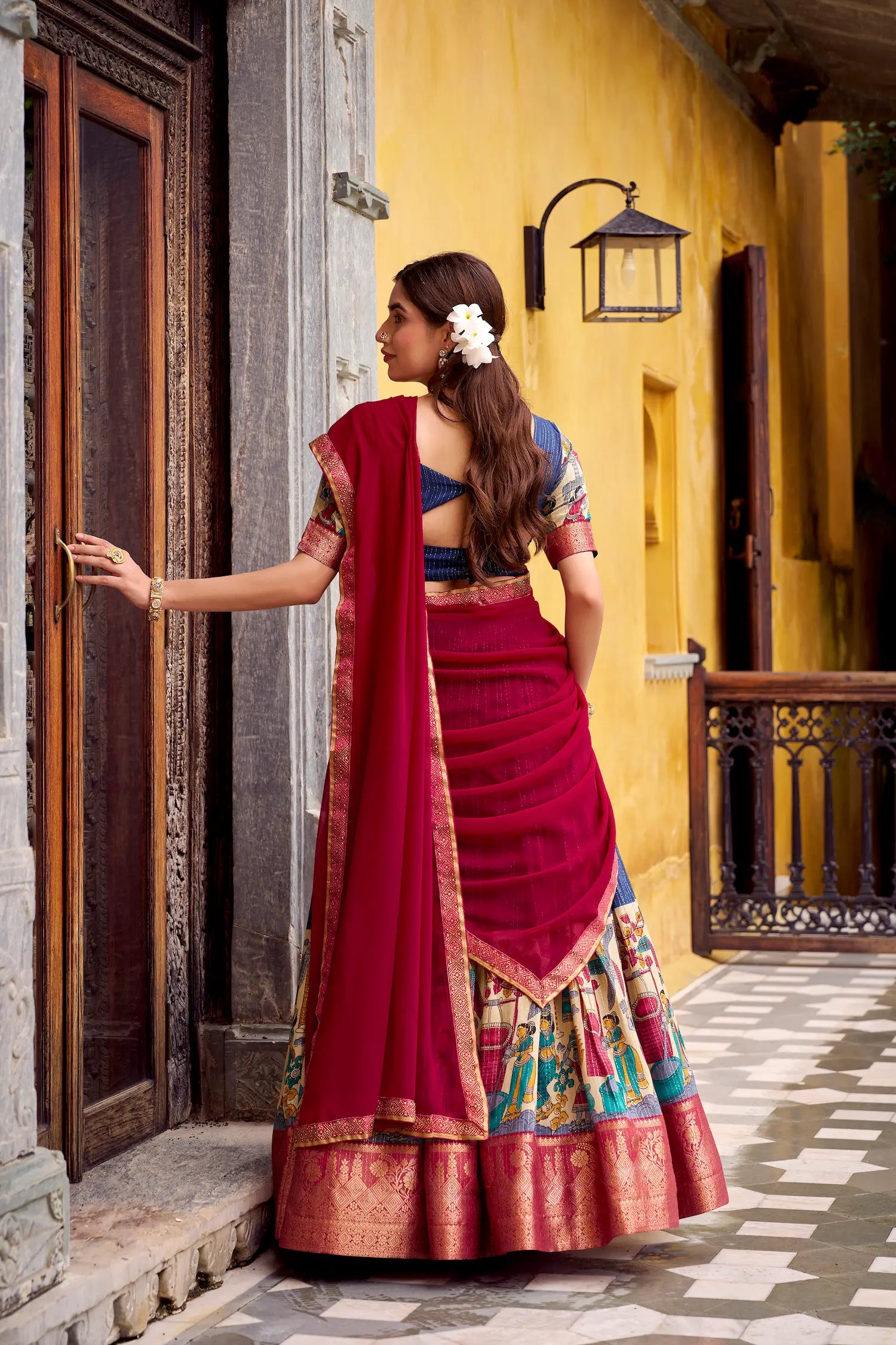 Navy Blue Chanderi Lehenga Choli With Kalamkari Print & Zari Weaving Work - qivii
