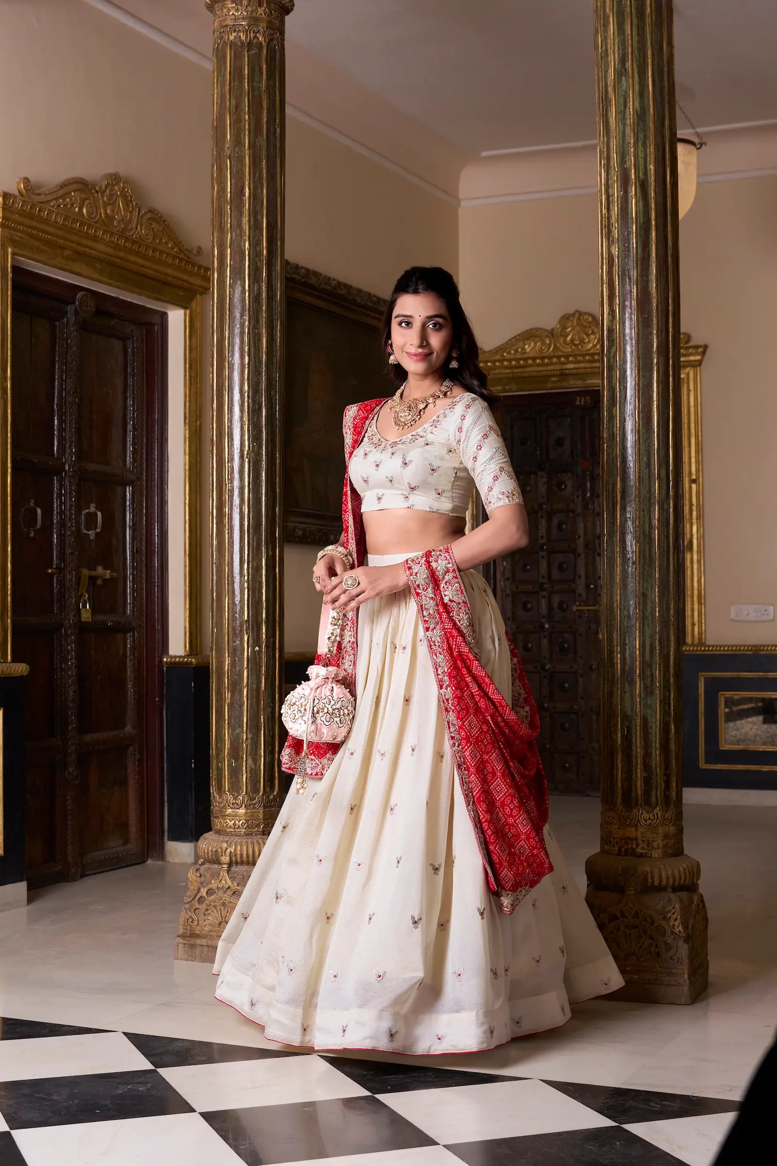 Off White Vichitra Silk Embroidery Work Lehenga Choli With Bandhej Dupatta - qivii