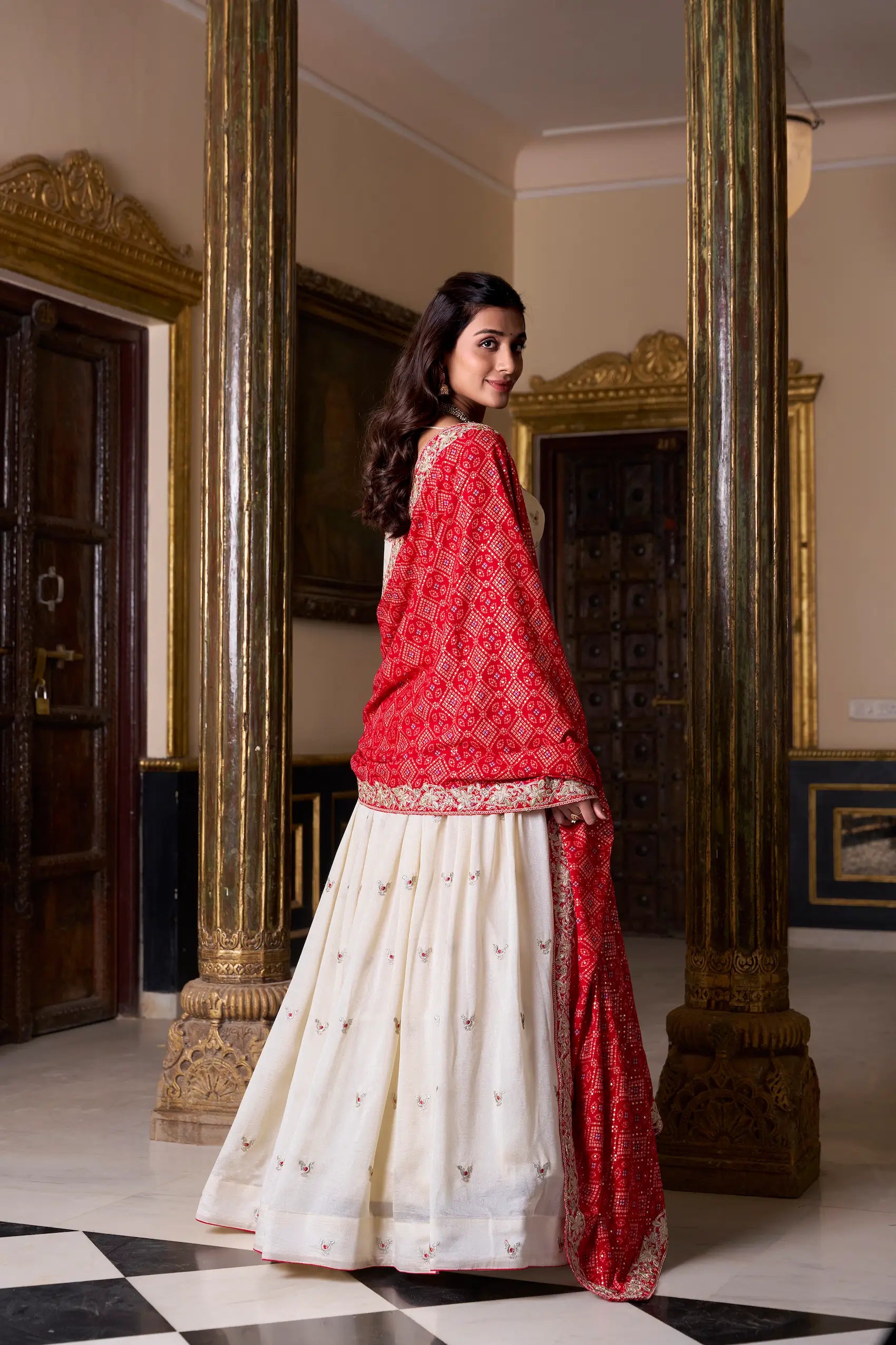 Off White Vichitra Silk Embroidery Work Lehenga Choli With Bandhej Dupatta - qivii